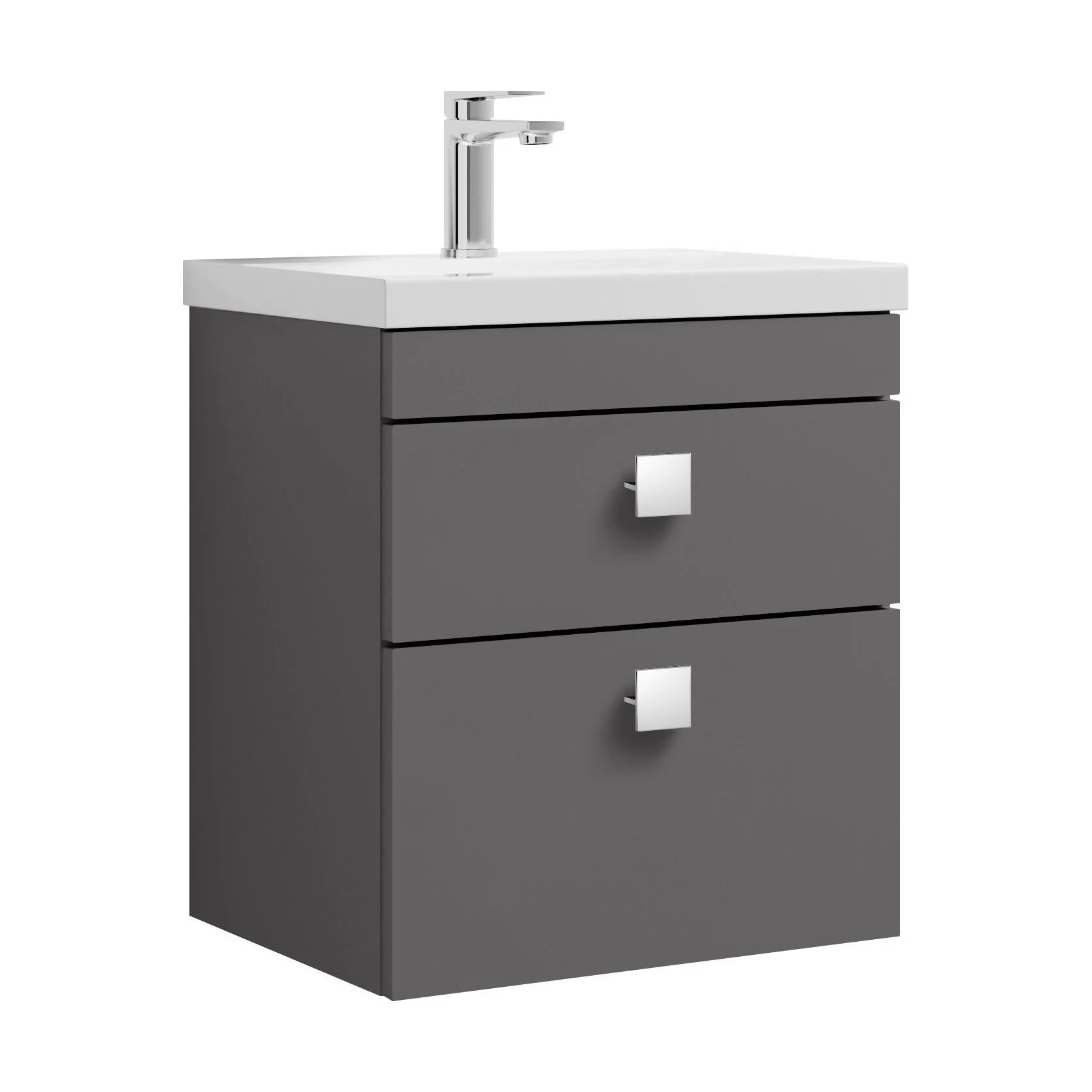Rio 2 Drawer Wall Hung Vanity Basin Unit - 500mm - Gloss Grey with Chrome Square Handles (Tap Not Included)