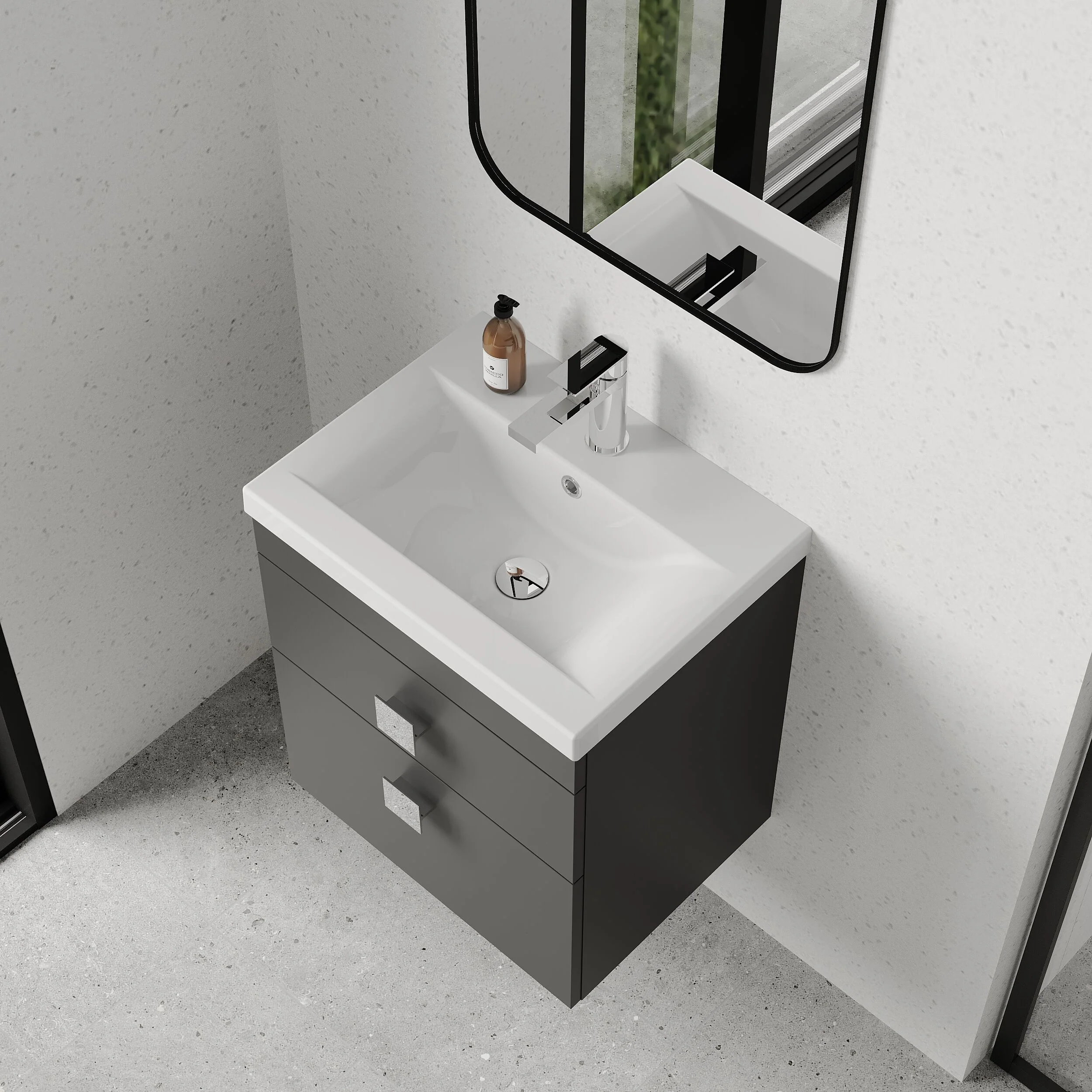 Rio 2 Drawer Wall Hung Vanity Basin Unit - 500mm - Gloss Grey with Chrome Square Handles (Tap Not Included) - Image 3