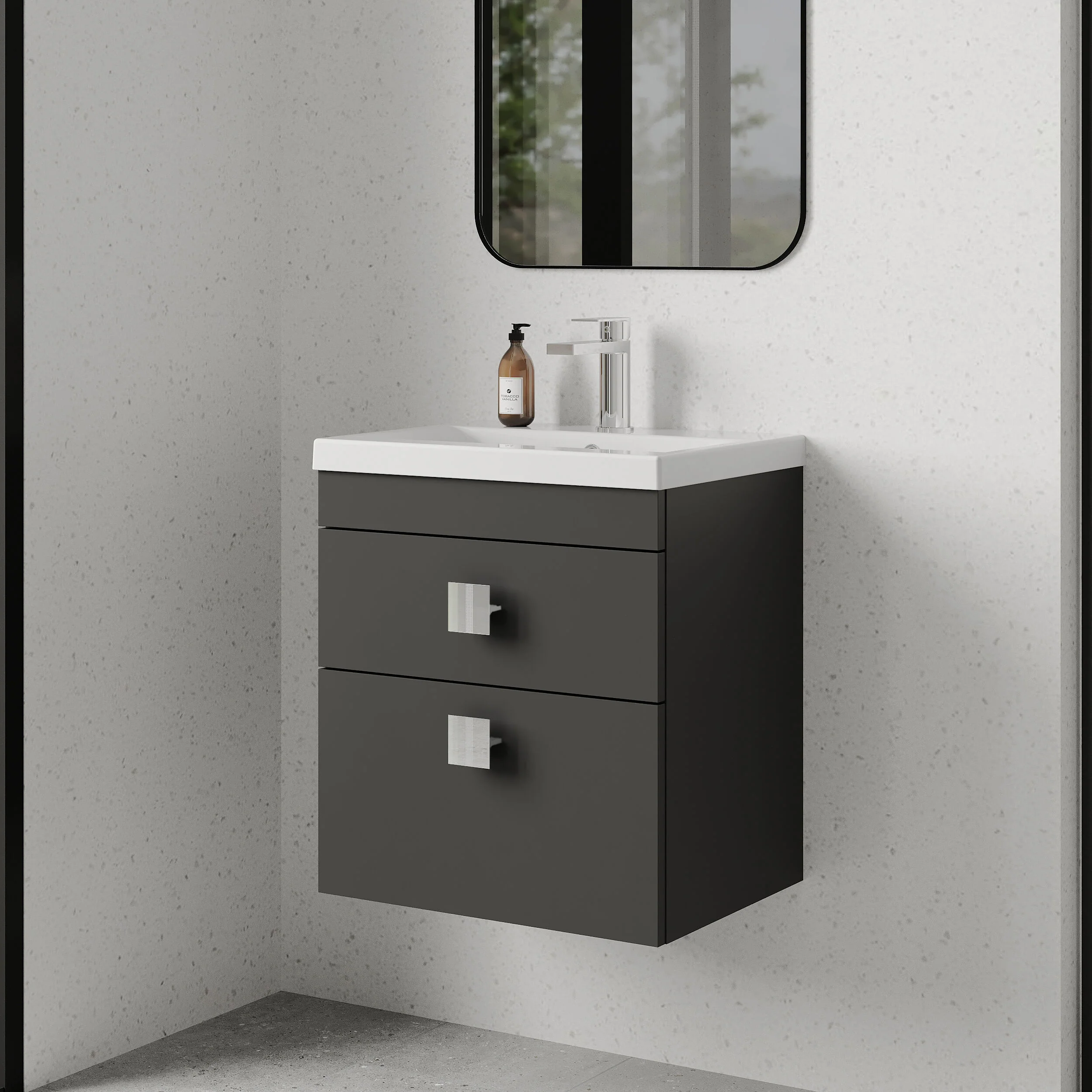 Rio 2 Drawer Wall Hung Vanity Basin Unit - 500mm - Gloss Grey with Chrome Square Handles (Tap Not Included) - Image 4