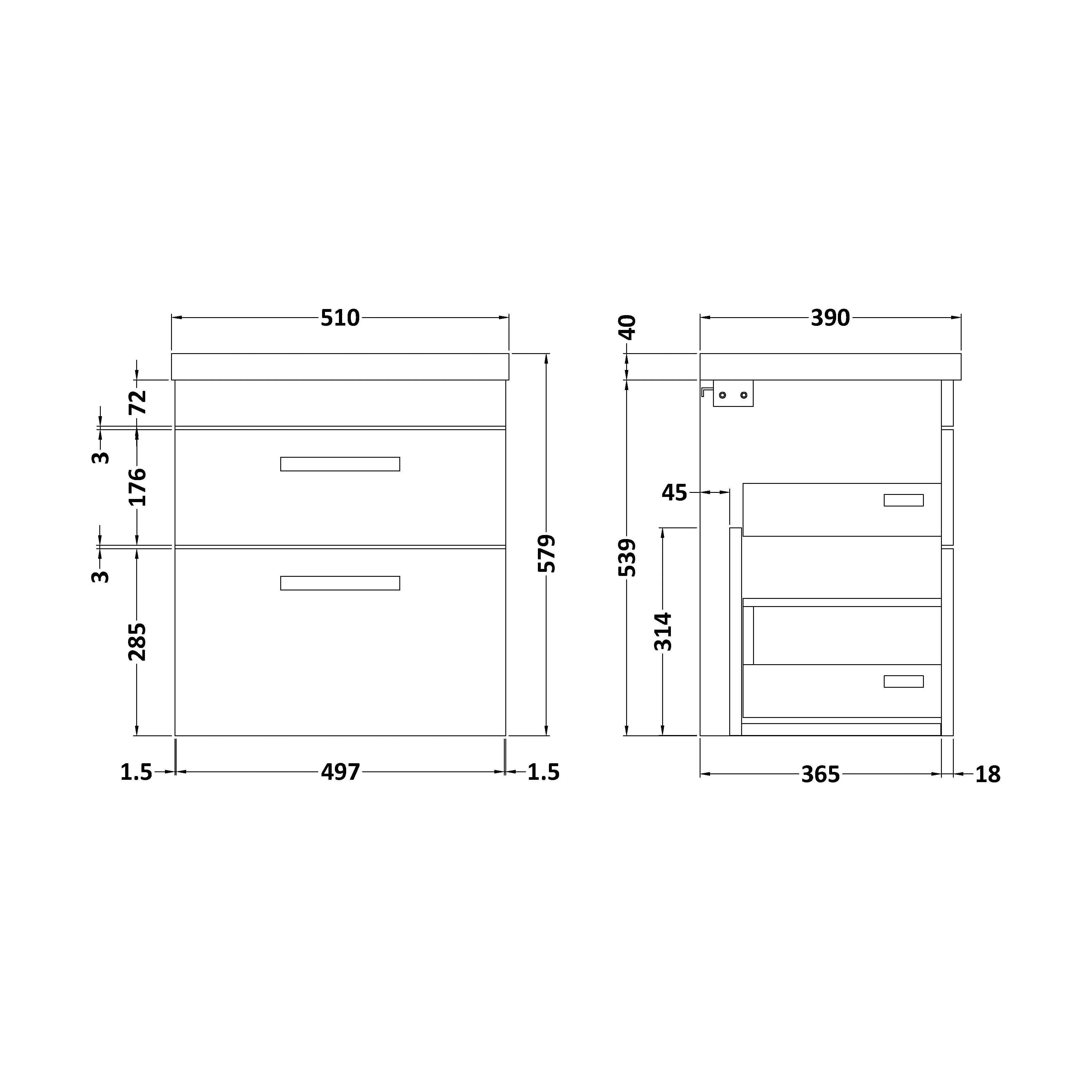 Rio 2 Drawer Wall Hung Vanity Basin Unit - 500mm - Gloss Grey with Chrome Square Handles (Tap Not Included) - Image 5