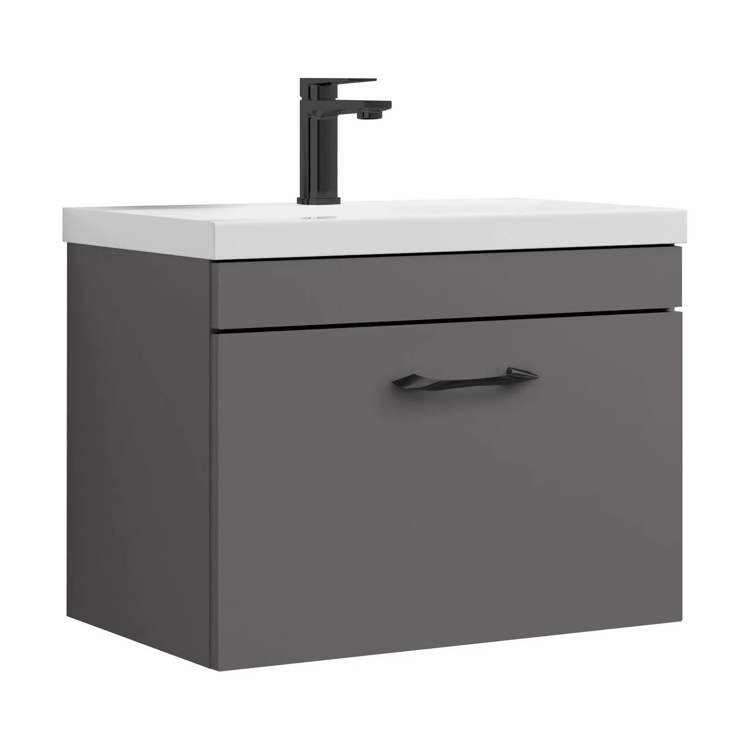 Rio 1 Drawer Wall Hung Vanity Basin Unit - 600mm - Gloss Grey with Black D-shaped handle (Tap Not Included) - Balterley