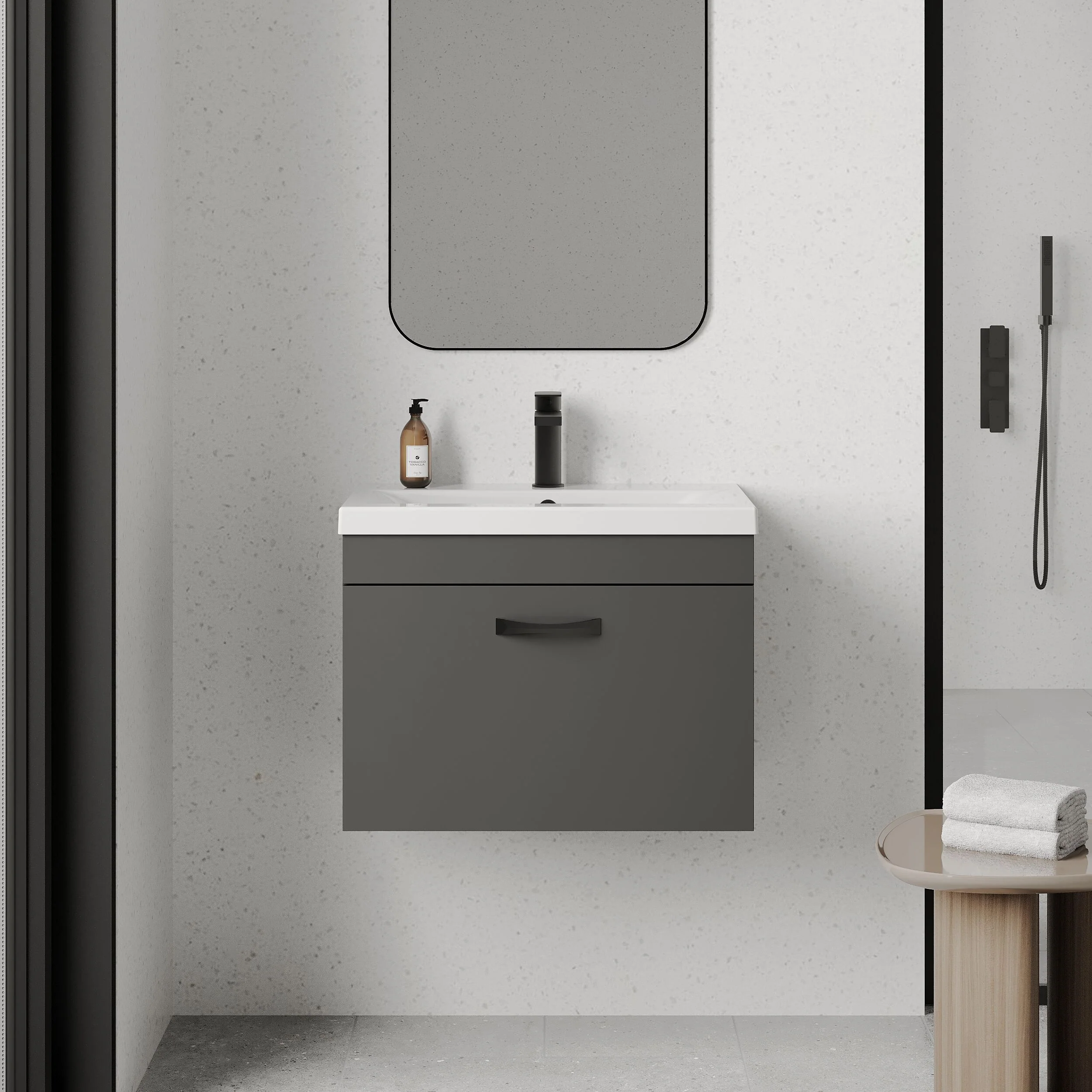 Rio 1 Drawer Wall Hung Vanity Basin Unit - 600mm - Gloss Grey with Black D-shaped handle (Tap Not Included) - Balterley - Image 2