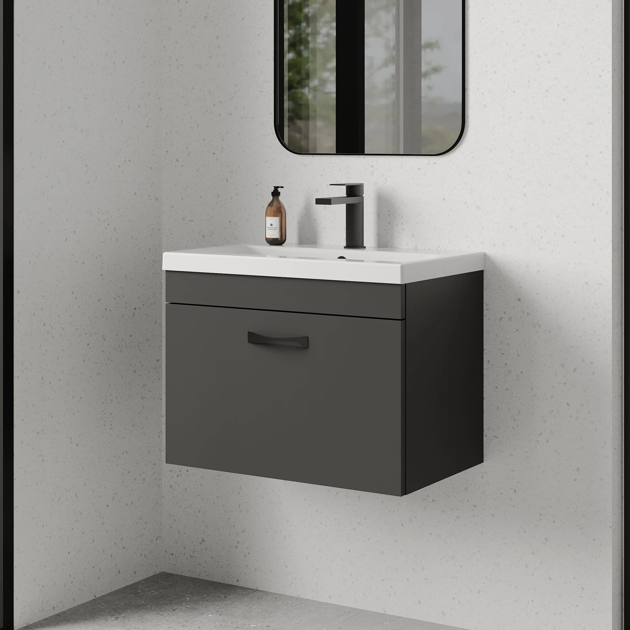 Rio 1 Drawer Wall Hung Vanity Basin Unit - 600mm - Gloss Grey with Black D-shaped handle (Tap Not Included) - Balterley - Image 4