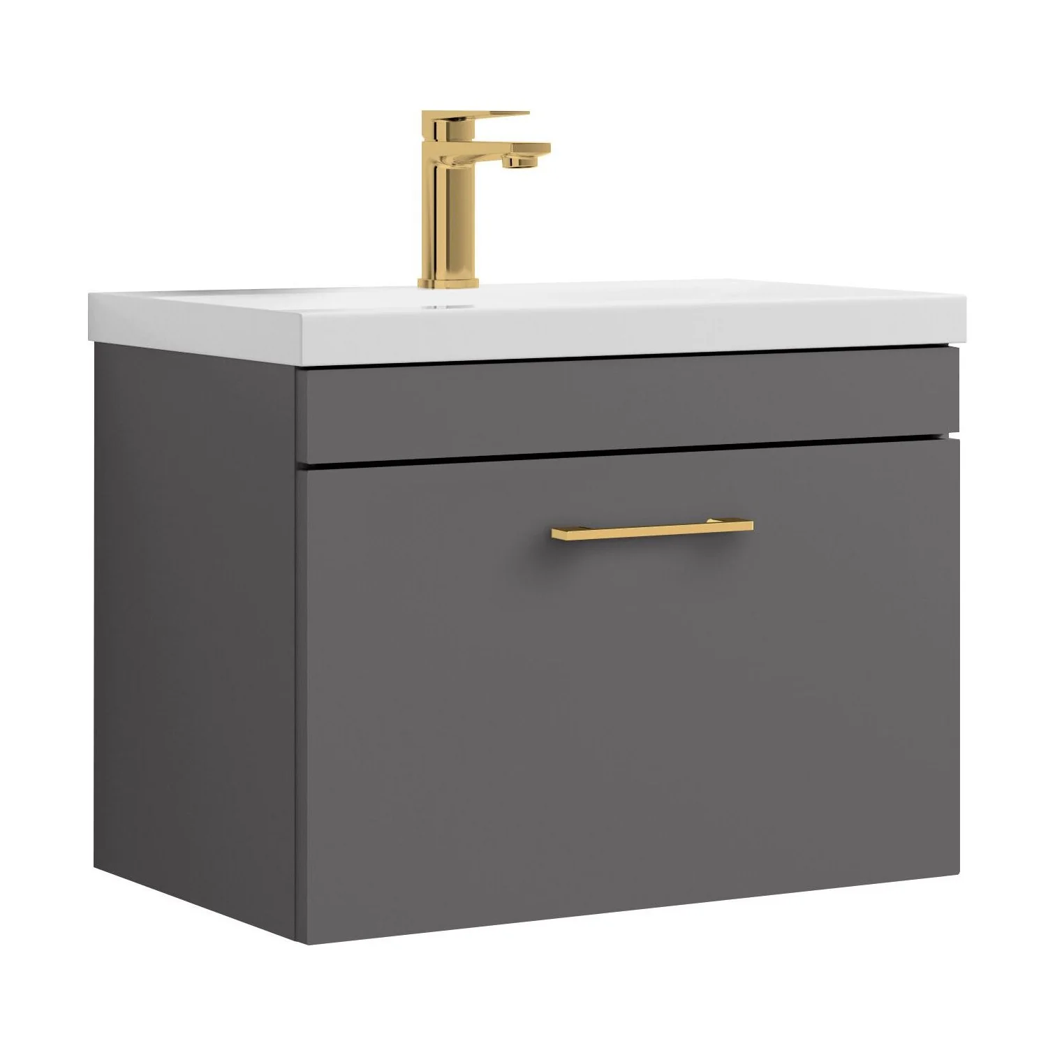 Rio 1 Drawer Wall Hung Vanity Basin Unit - 600mm - Gloss Grey with Brushed Brass D-shaped handle (Tap Not Included)