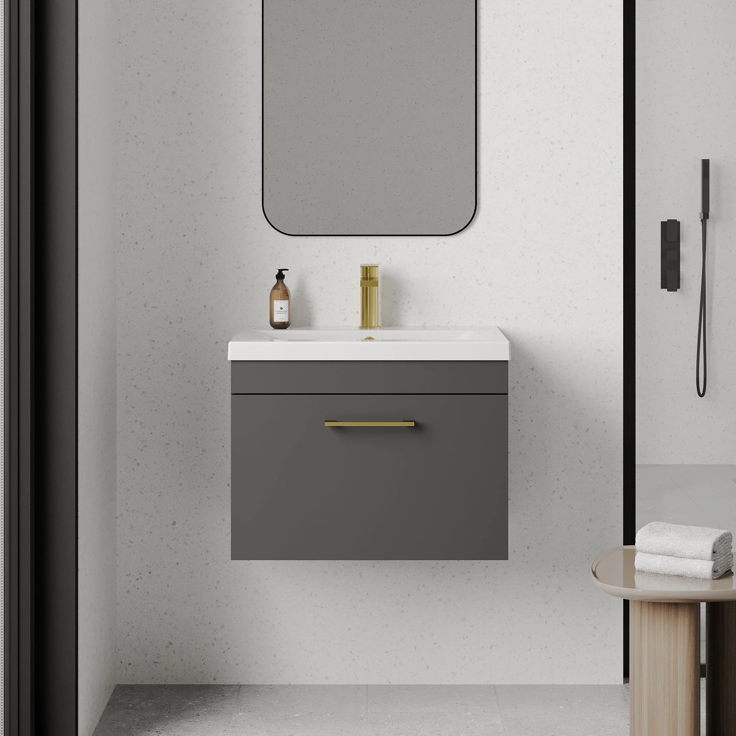 Rio 1 Drawer Wall Hung Vanity Basin Unit - 600mm - Gloss Grey with Brushed Brass D-shaped handle (Tap Not Included) - Image 2