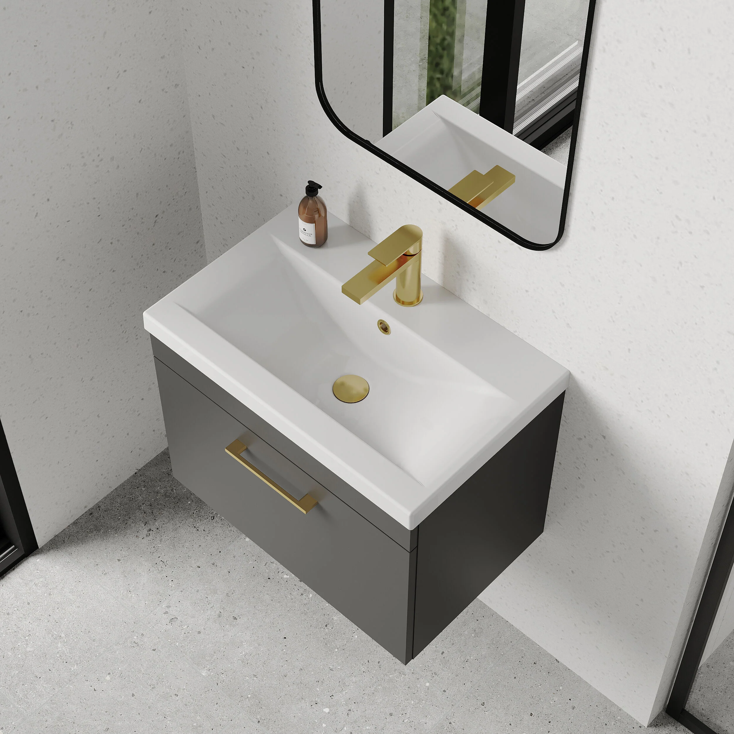 Rio 1 Drawer Wall Hung Vanity Basin Unit - 600mm - Gloss Grey with Brushed Brass D-shaped handle (Tap Not Included) - Image 3