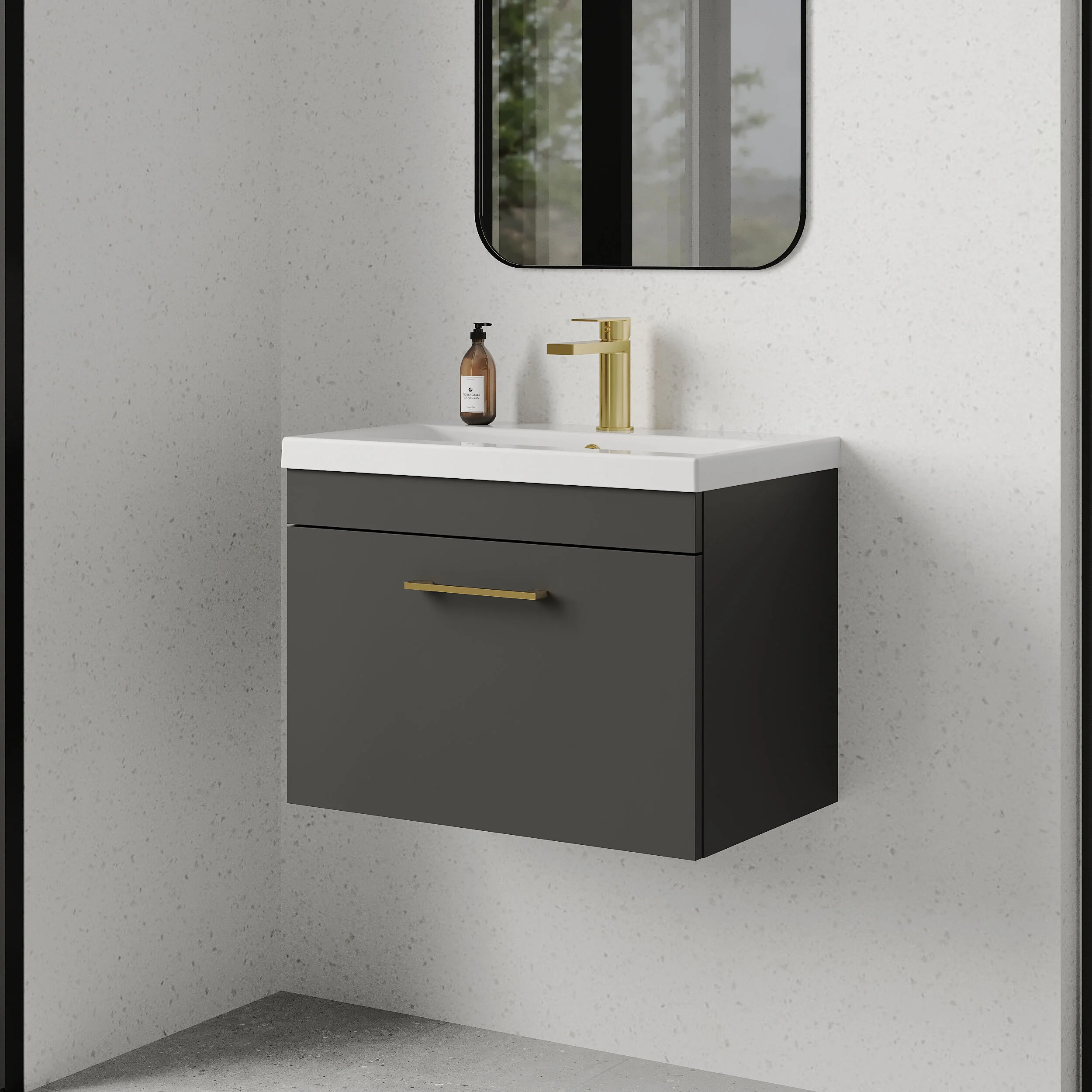 Rio 1 Drawer Wall Hung Vanity Basin Unit - 600mm - Gloss Grey with Brushed Brass D-shaped handle (Tap Not Included) - Image 4