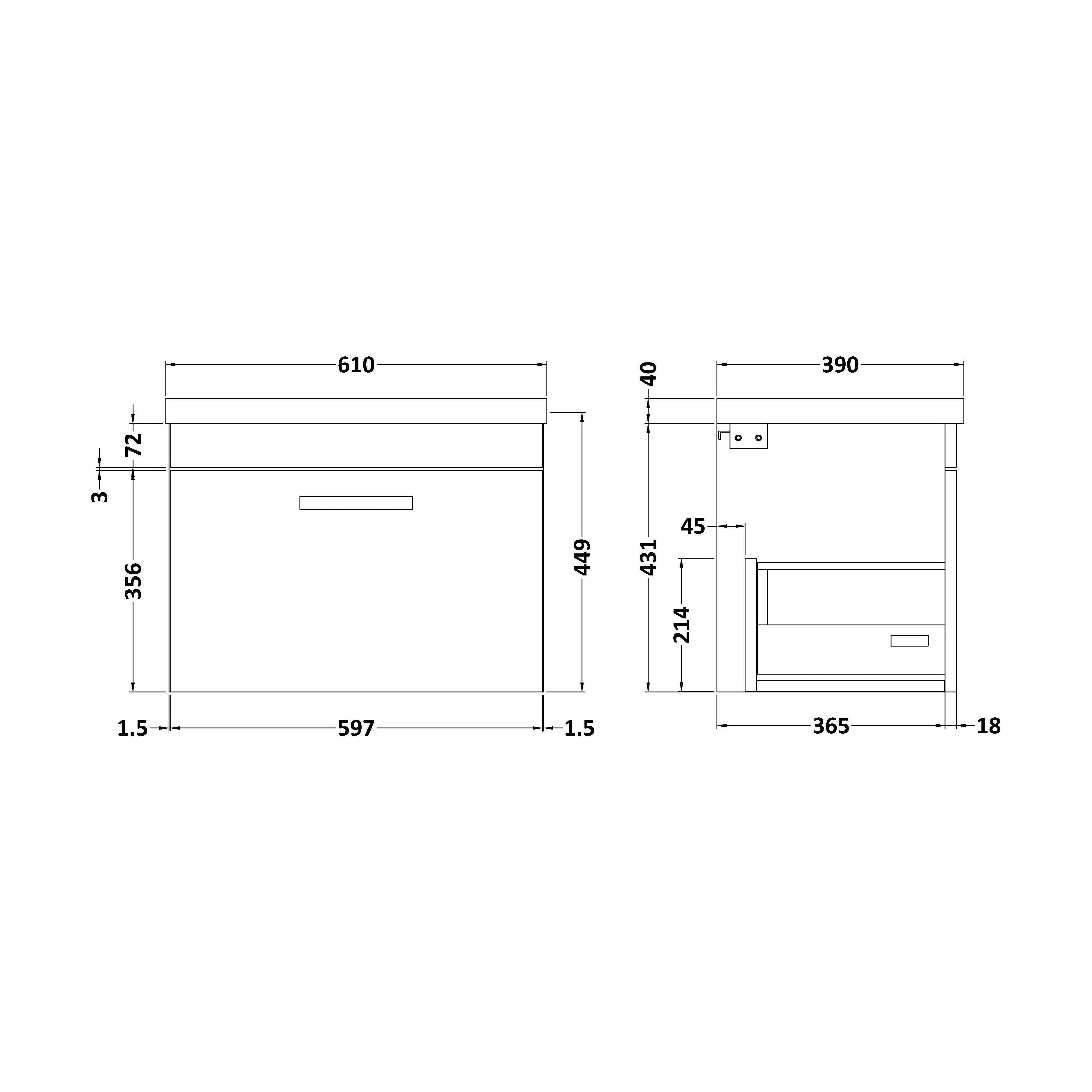 Rio 1 Drawer Wall Hung Vanity Basin Unit - 600mm - Gloss Grey with Brushed Brass D-shaped handle (Tap Not Included) - Image 5