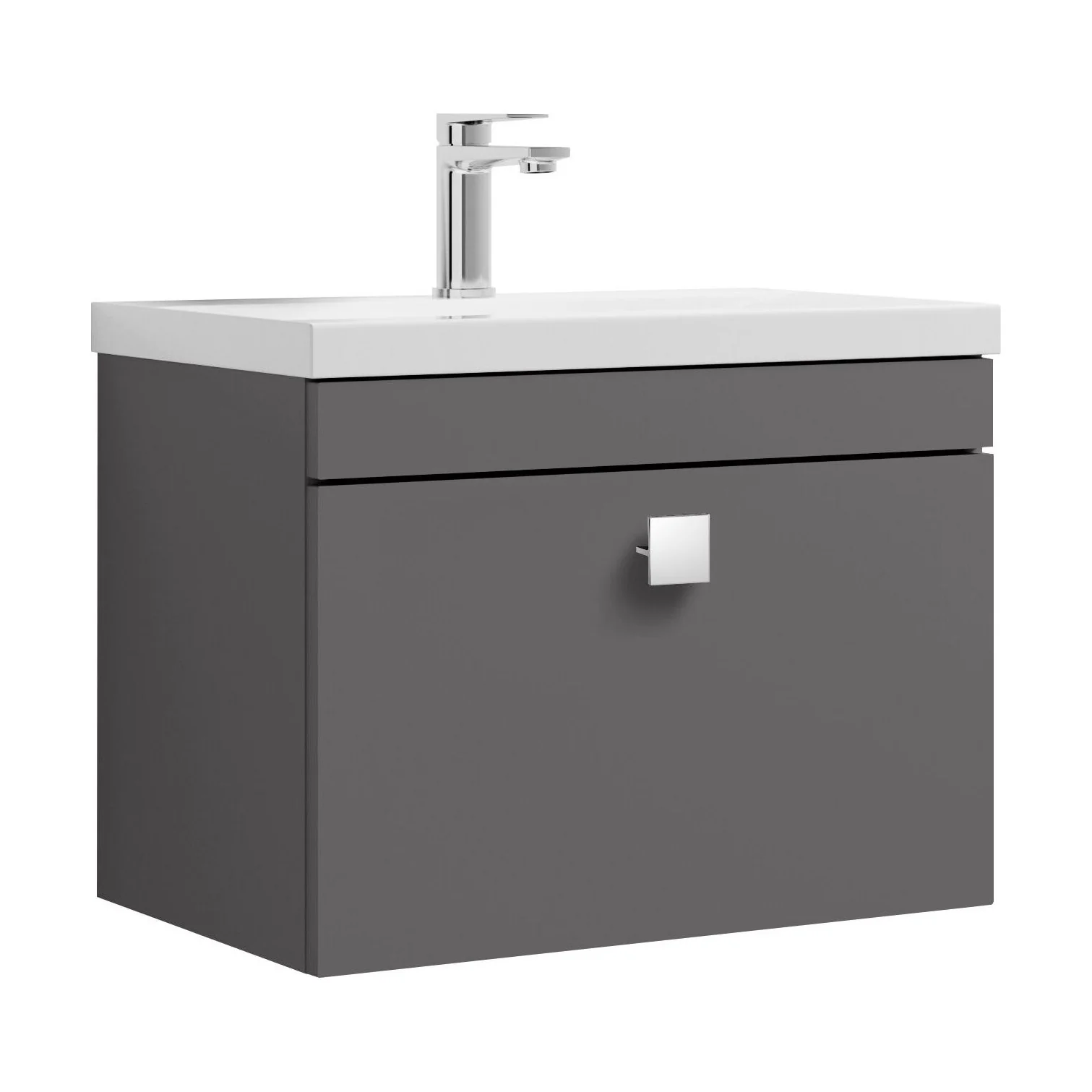 Rio 1 Drawer Wall Hung Vanity Basin Unit - 600mm - Gloss Grey with Chrome Square Handle (Tap Not Included)