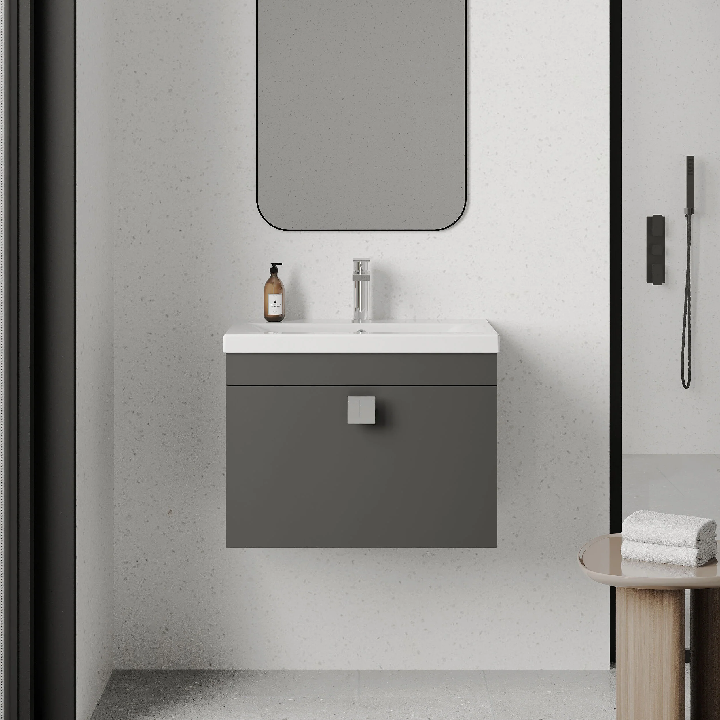 Rio 1 Drawer Wall Hung Vanity Basin Unit - 600mm - Gloss Grey with Chrome Square Handle (Tap Not Included) - Image 2