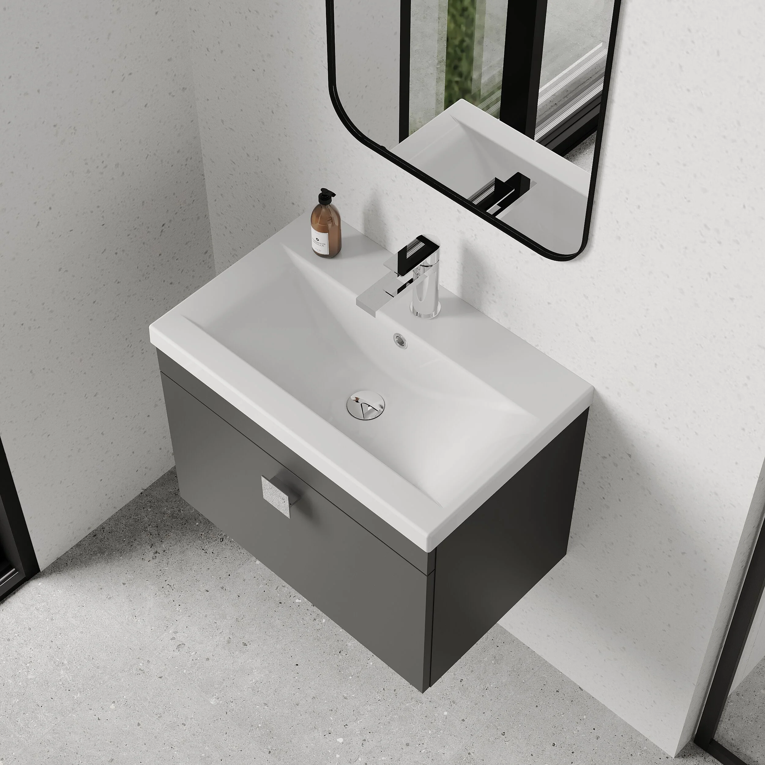 Rio 1 Drawer Wall Hung Vanity Basin Unit - 600mm - Gloss Grey with Chrome Square Handle (Tap Not Included) - Image 3