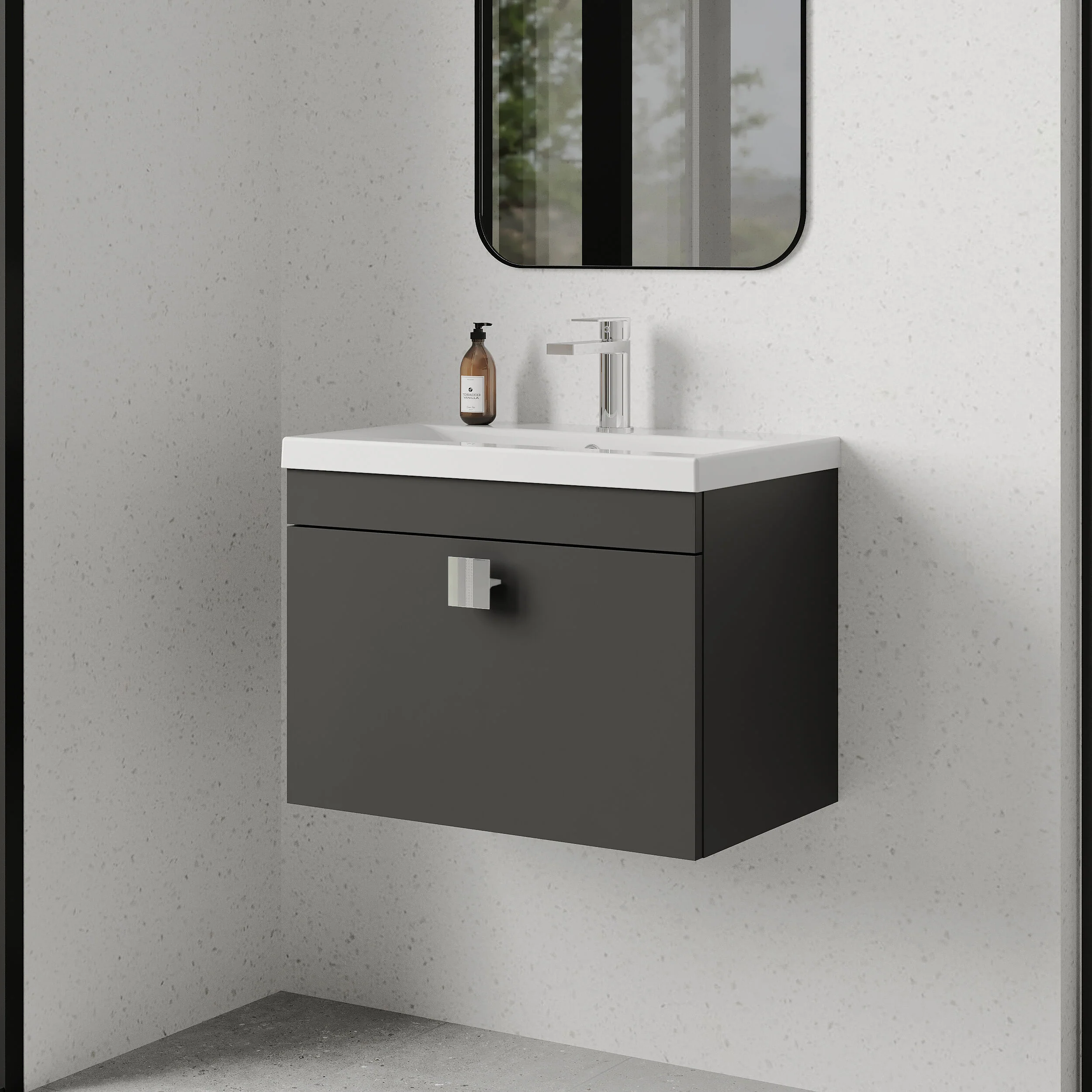 Rio 1 Drawer Wall Hung Vanity Basin Unit - 600mm - Gloss Grey with Chrome Square Handle (Tap Not Included) - Image 4