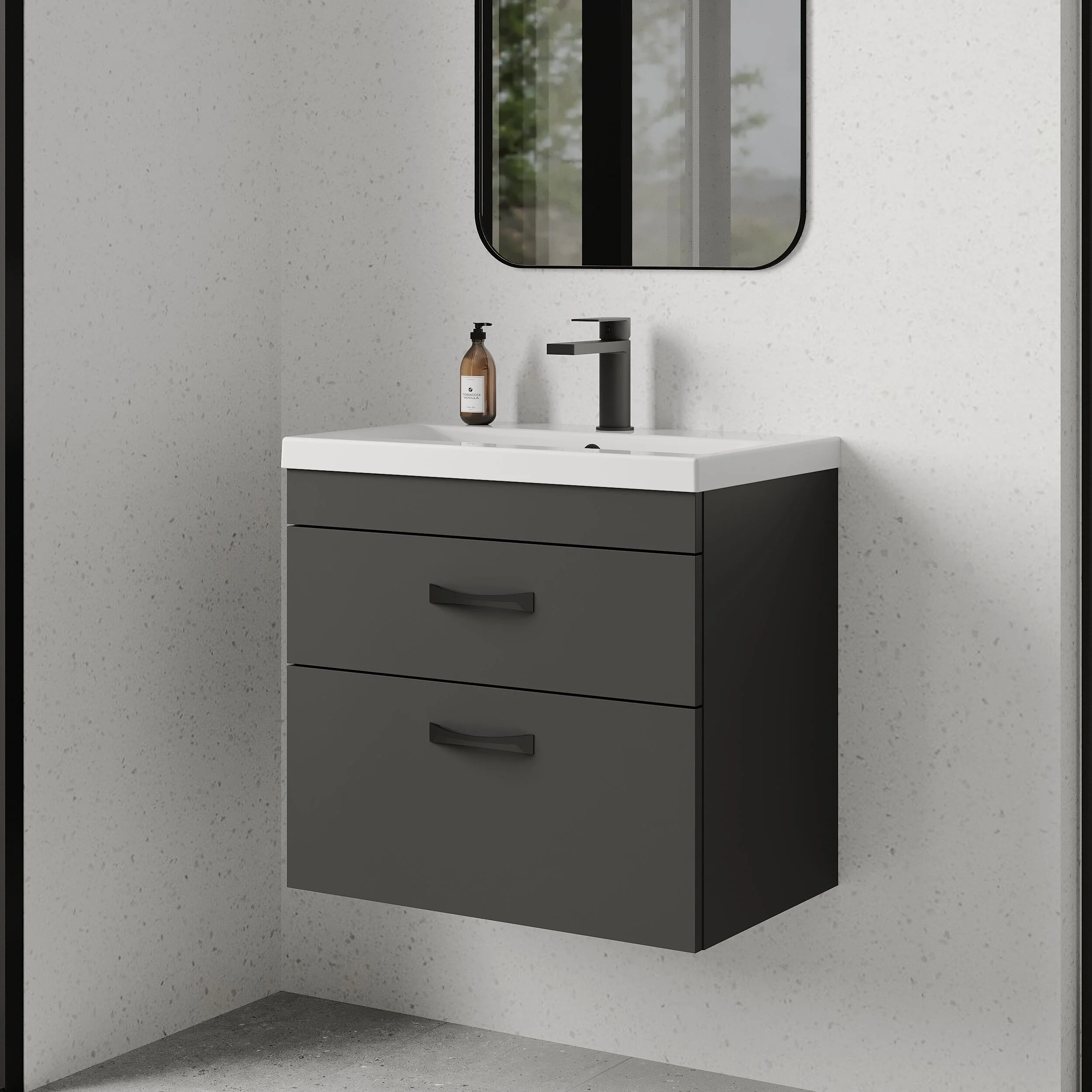 Rio 2 Drawer Wall Hung Vanity Basin Unit - 600mm - Gloss Grey with Black D-shaped handles (Tap Not Included) - Balterley - Image 4