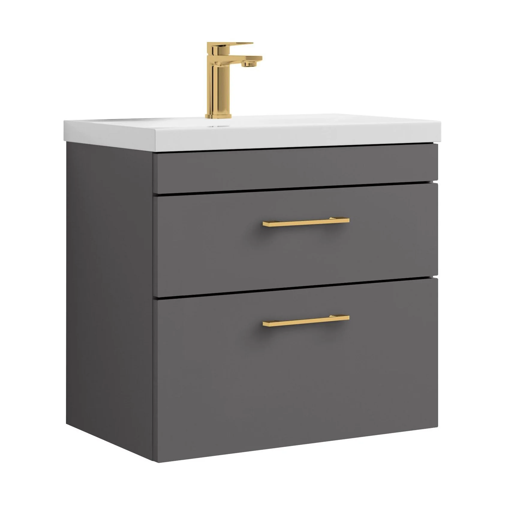 Rio 2 Drawer Wall Hung Vanity Basin Unit - 600mm - Gloss Grey with Brushed Brass D-shaped handles (Tap Not Included)