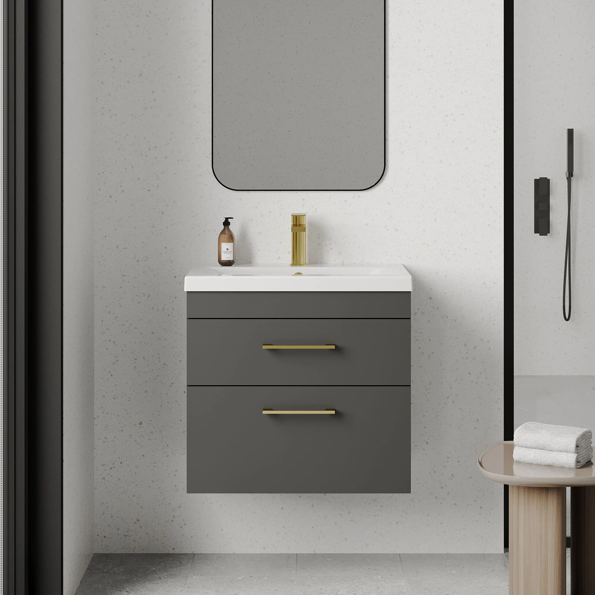 Rio 2 Drawer Wall Hung Vanity Basin Unit - 600mm - Gloss Grey with Brushed Brass D-shaped handles (Tap Not Included) - Image 2