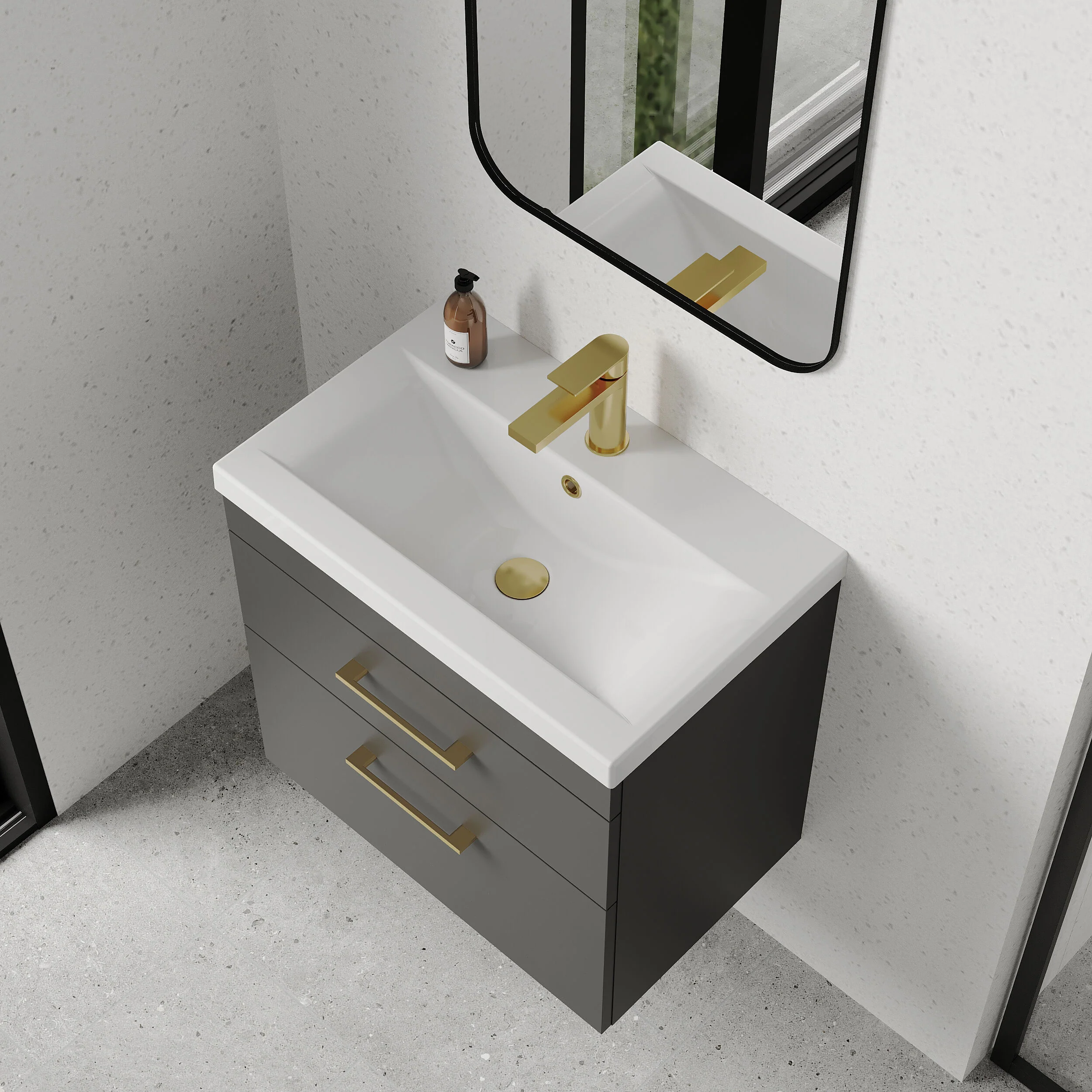 Rio 2 Drawer Wall Hung Vanity Basin Unit - 600mm - Gloss Grey with Brushed Brass D-shaped handles (Tap Not Included) - Image 3
