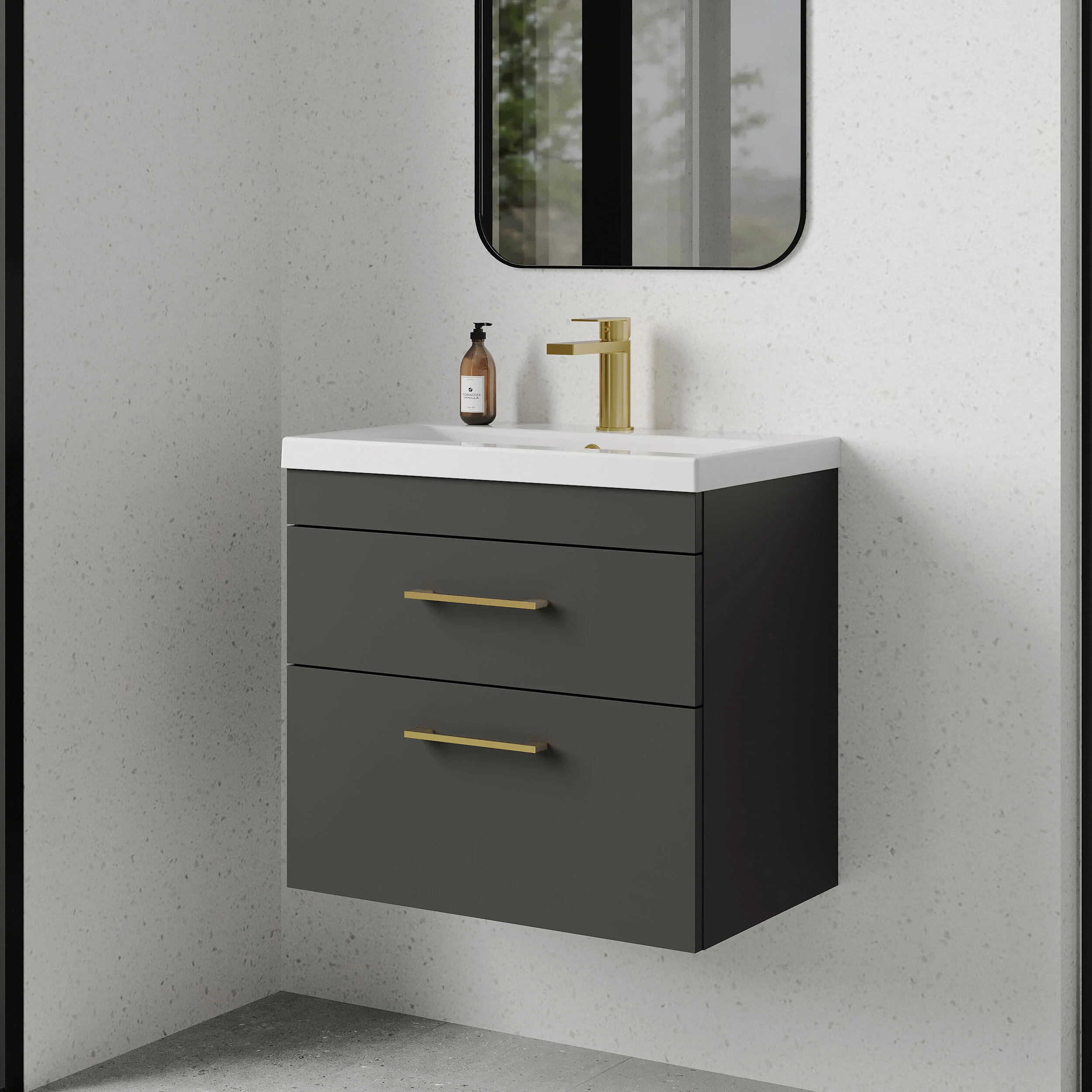 Rio 2 Drawer Wall Hung Vanity Basin Unit - 600mm - Gloss Grey with Brushed Brass D-shaped handles (Tap Not Included) - Image 4