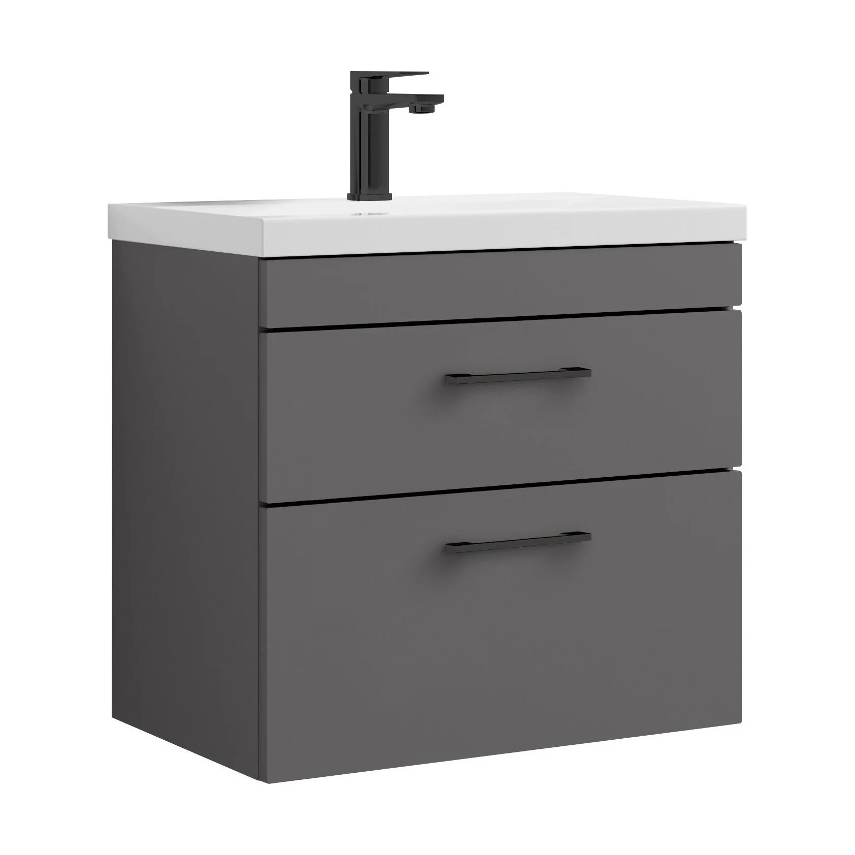 Rio 2 Drawer Wall Hung Vanity Basin Unit - 600mm - Gloss Grey with Square Black D-shaped handles (Tap Not Included) - Balterley