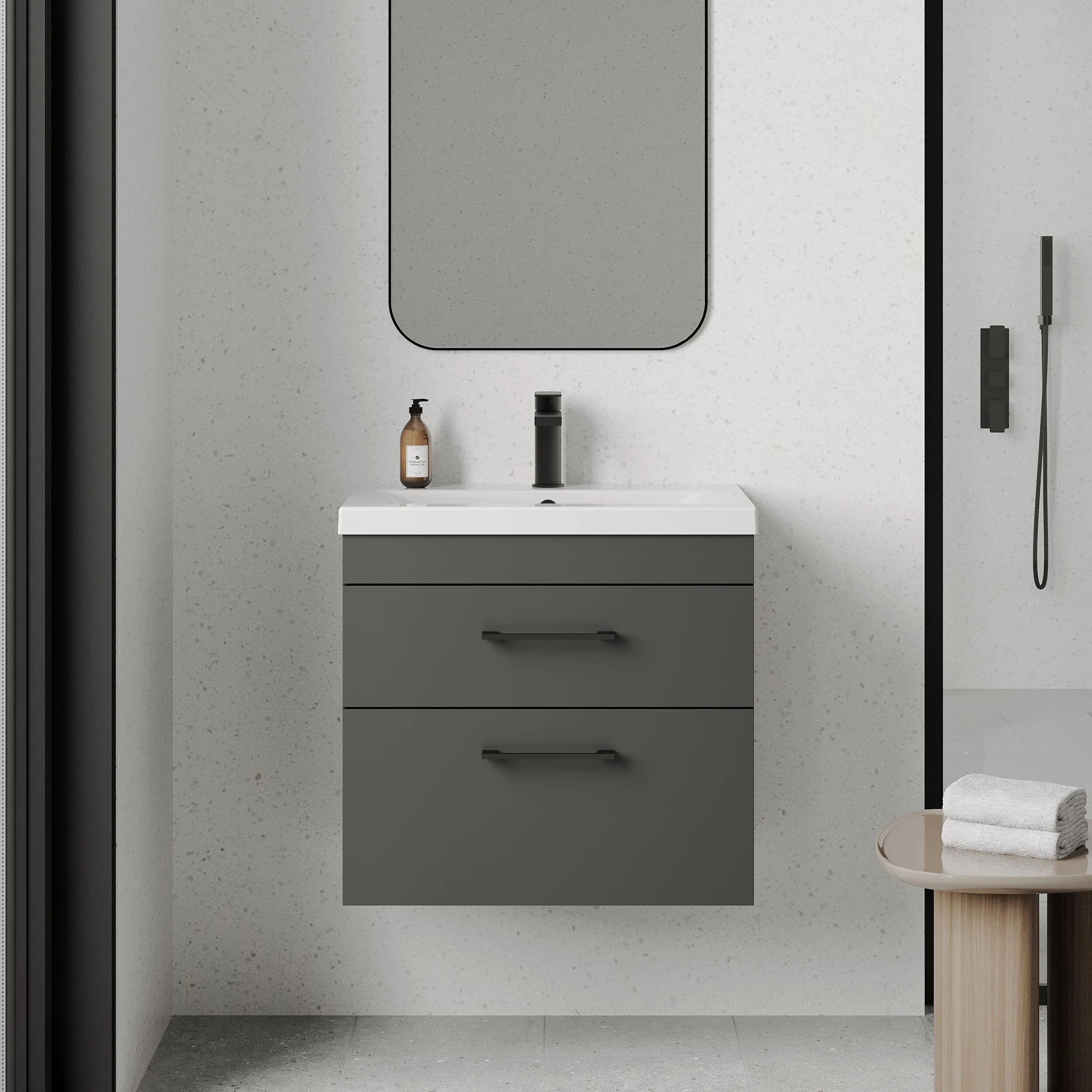 Rio 2 Drawer Wall Hung Vanity Basin Unit - 600mm - Gloss Grey with Square Black D-shaped handles (Tap Not Included) - Balterley - Image 2