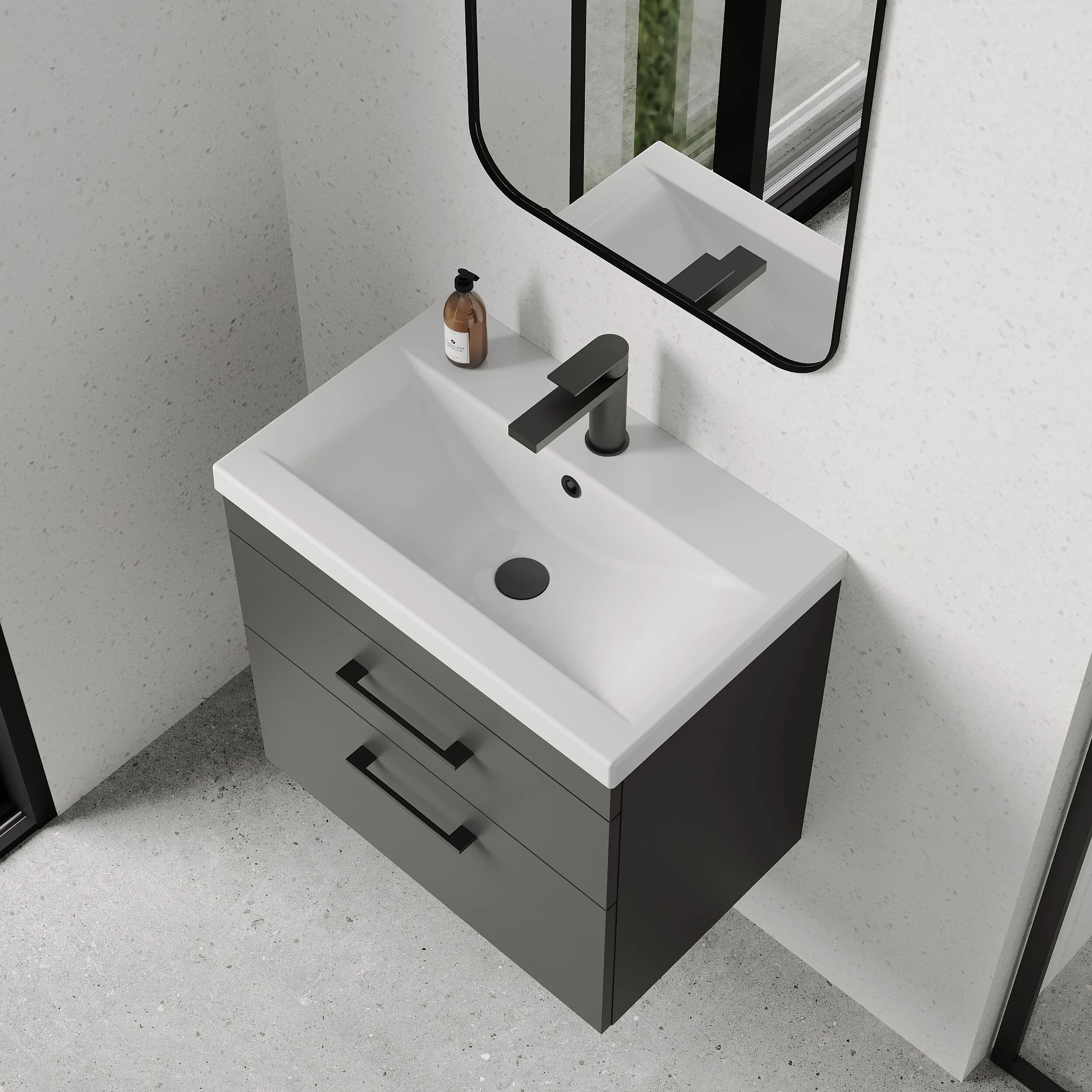 Rio 2 Drawer Wall Hung Vanity Basin Unit - 600mm - Gloss Grey with Square Black D-shaped handles (Tap Not Included) - Balterley - Image 3