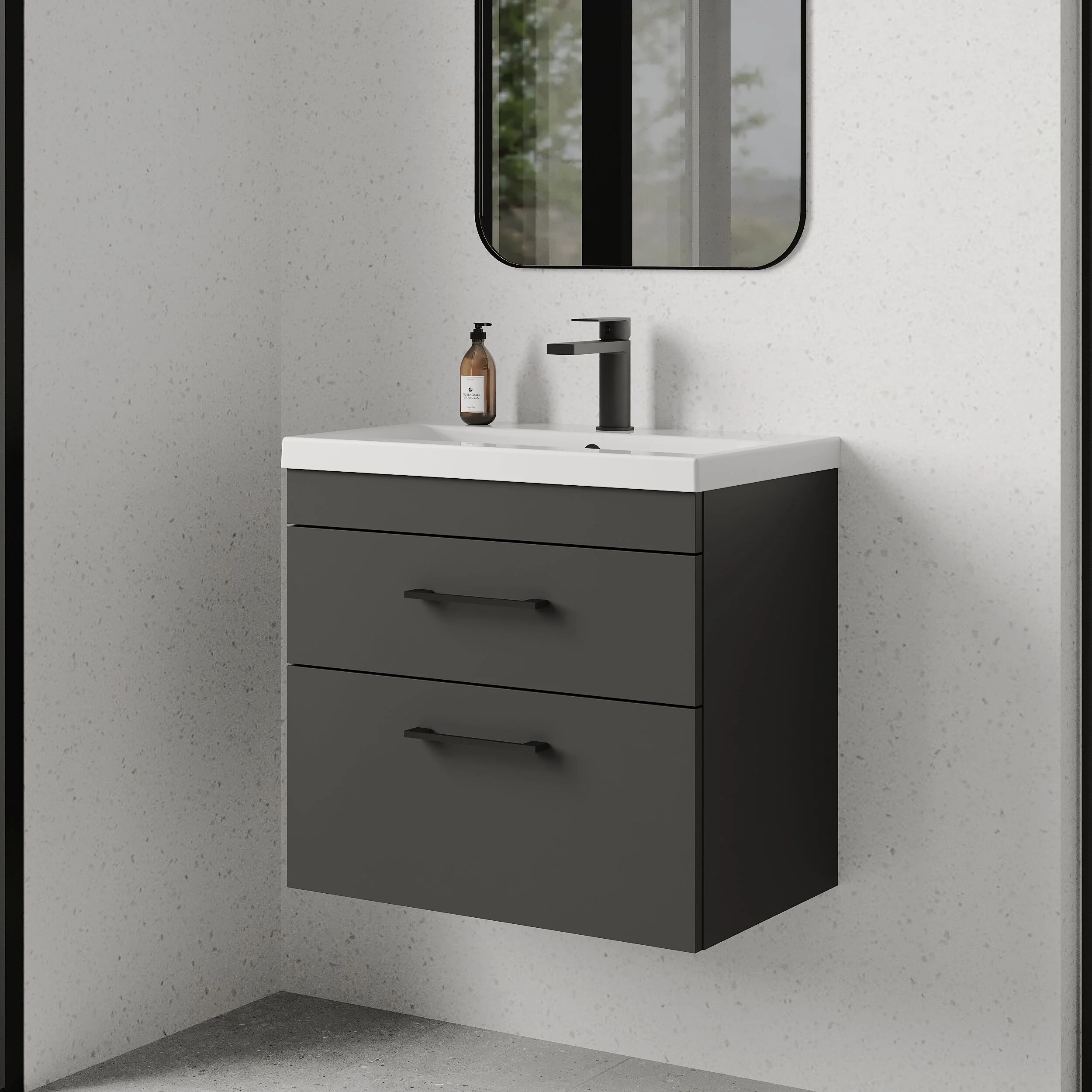 Rio 2 Drawer Wall Hung Vanity Basin Unit - 600mm - Gloss Grey with Square Black D-shaped handles (Tap Not Included) - Balterley - Image 4