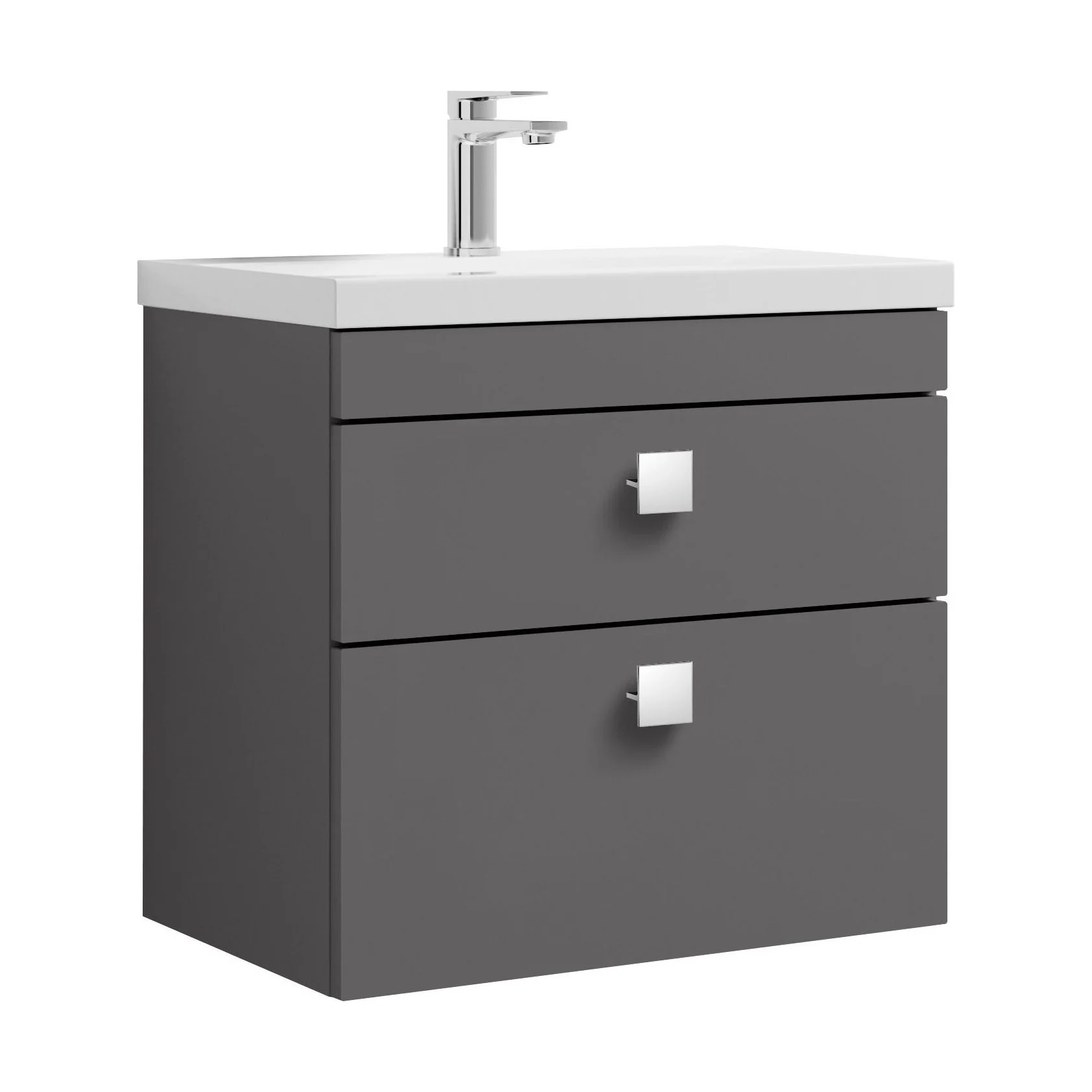 Rio 2 Drawer Wall Hung Vanity Basin Unit - 600mm - Gloss Grey with Chrome Square Handles (Tap Not Included)