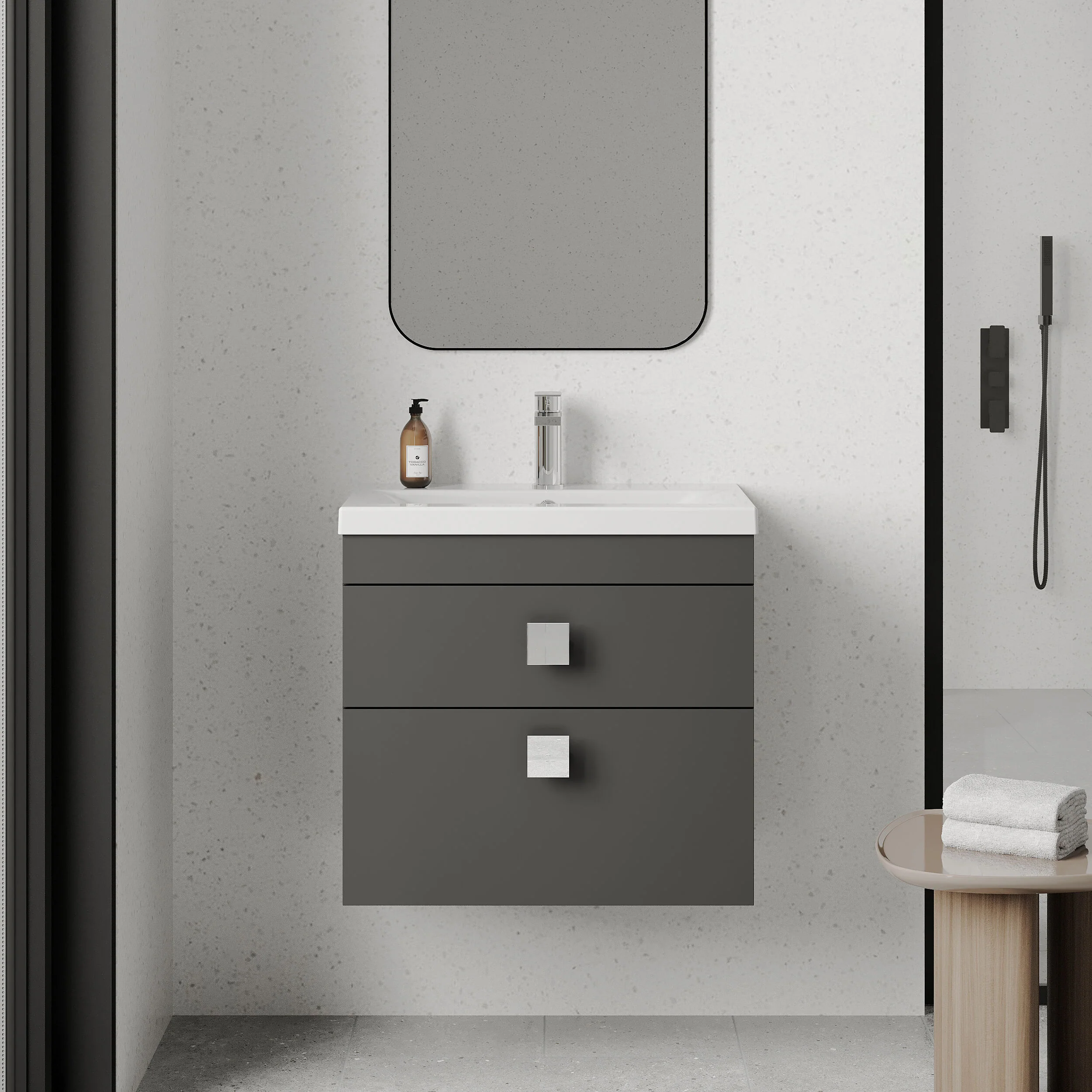 Rio 2 Drawer Wall Hung Vanity Basin Unit - 600mm - Gloss Grey with Chrome Square Handles (Tap Not Included) - Image 2