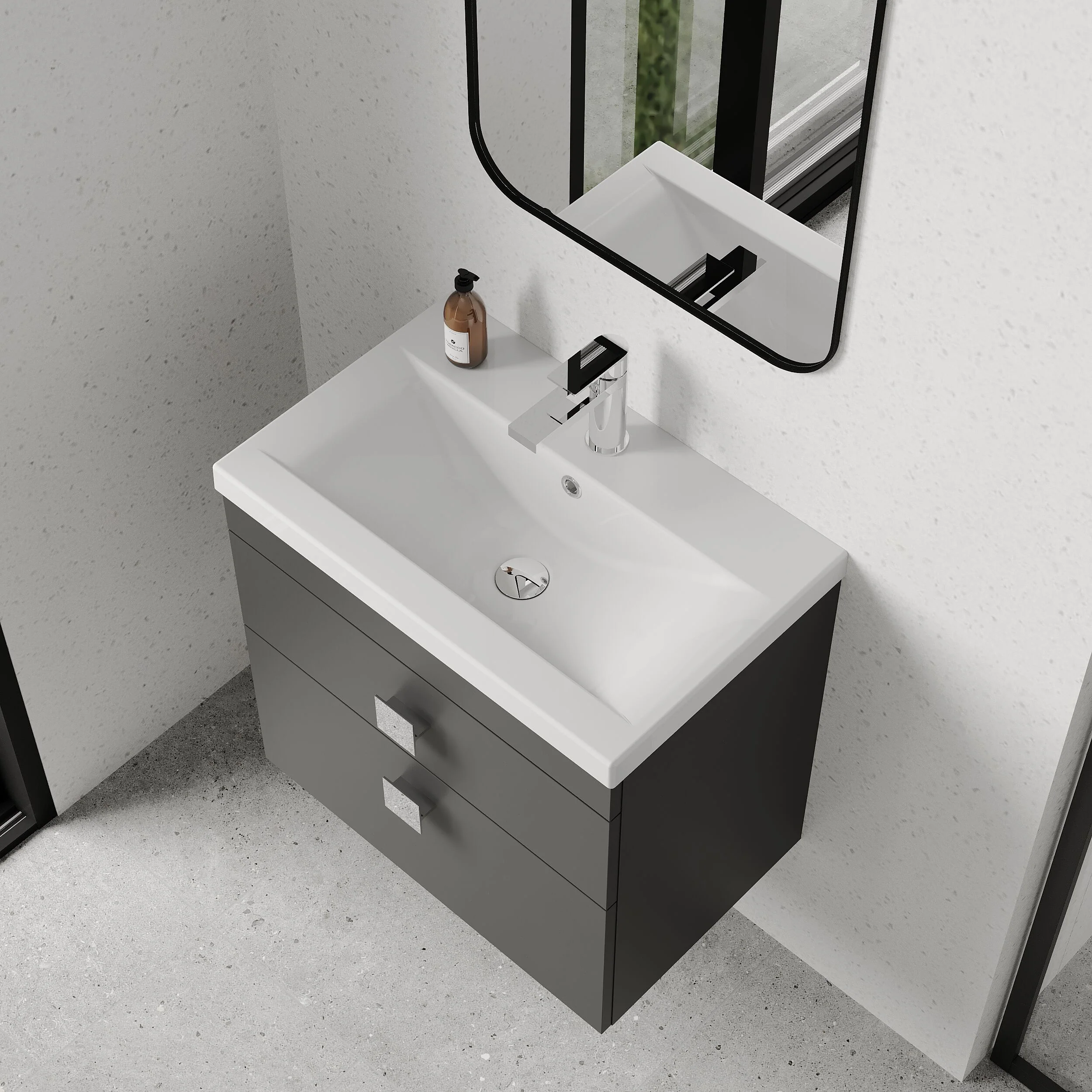 Rio 2 Drawer Wall Hung Vanity Basin Unit - 600mm - Gloss Grey with Chrome Square Handles (Tap Not Included) - Image 3
