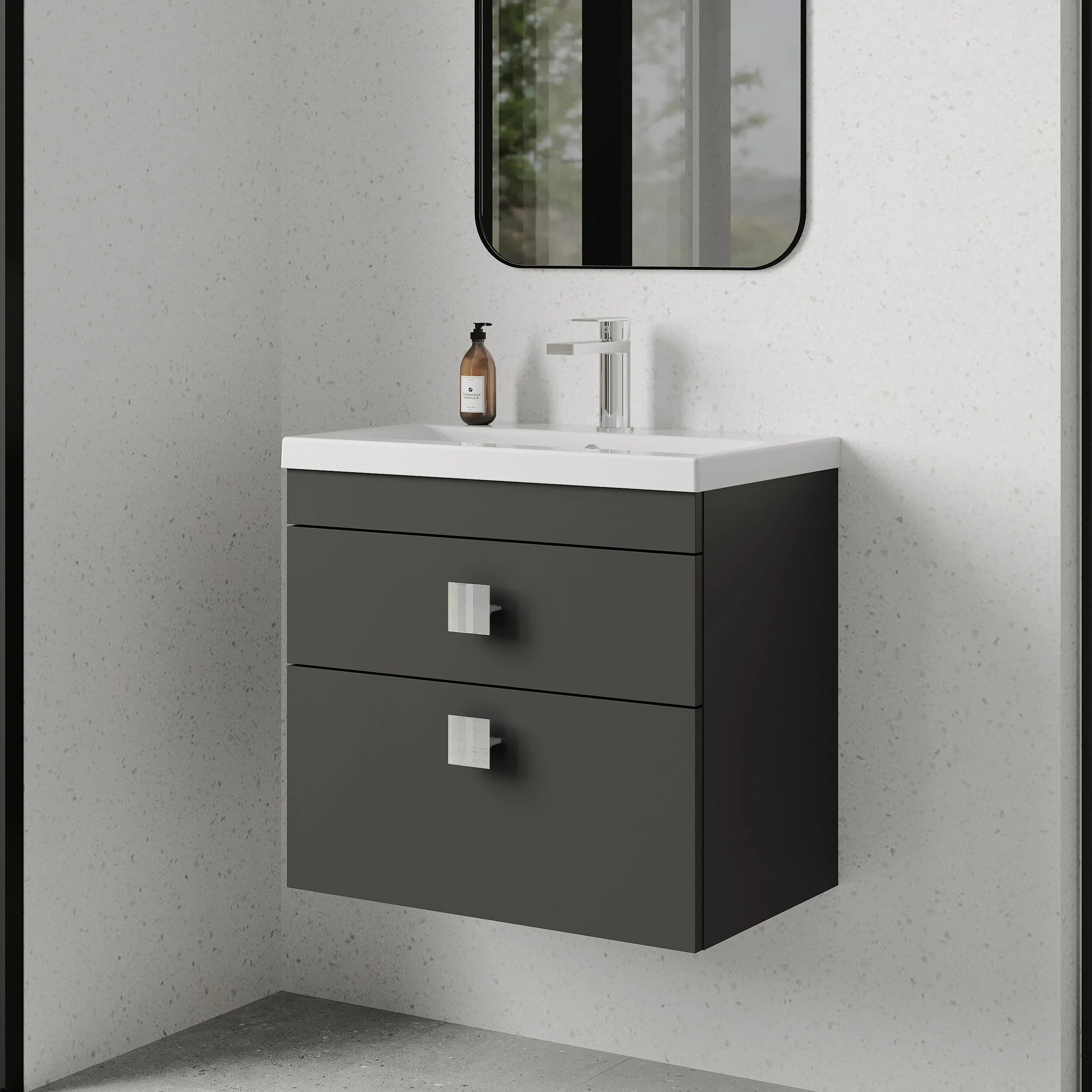 Rio 2 Drawer Wall Hung Vanity Basin Unit - 600mm - Gloss Grey with Chrome Square Handles (Tap Not Included) - Image 4