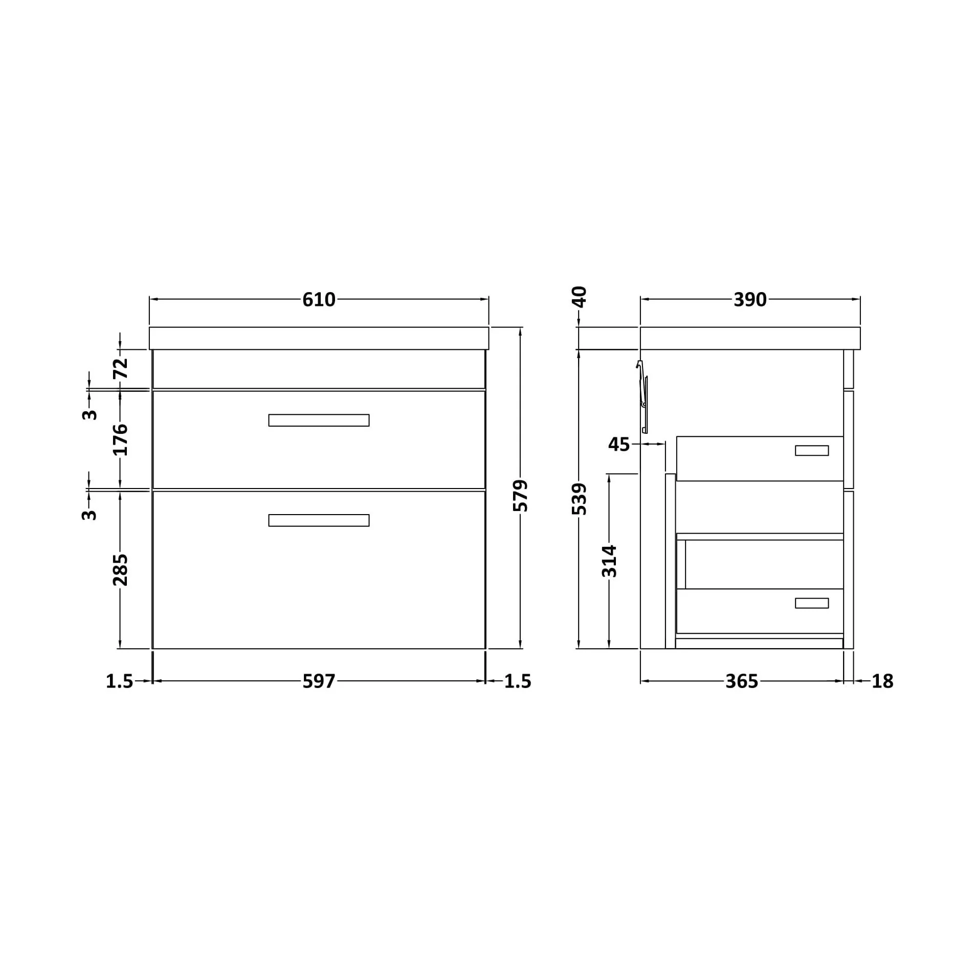 Rio 2 Drawer Wall Hung Vanity Basin Unit - 600mm - Gloss Grey with Chrome Square Handles (Tap Not Included) - Image 5