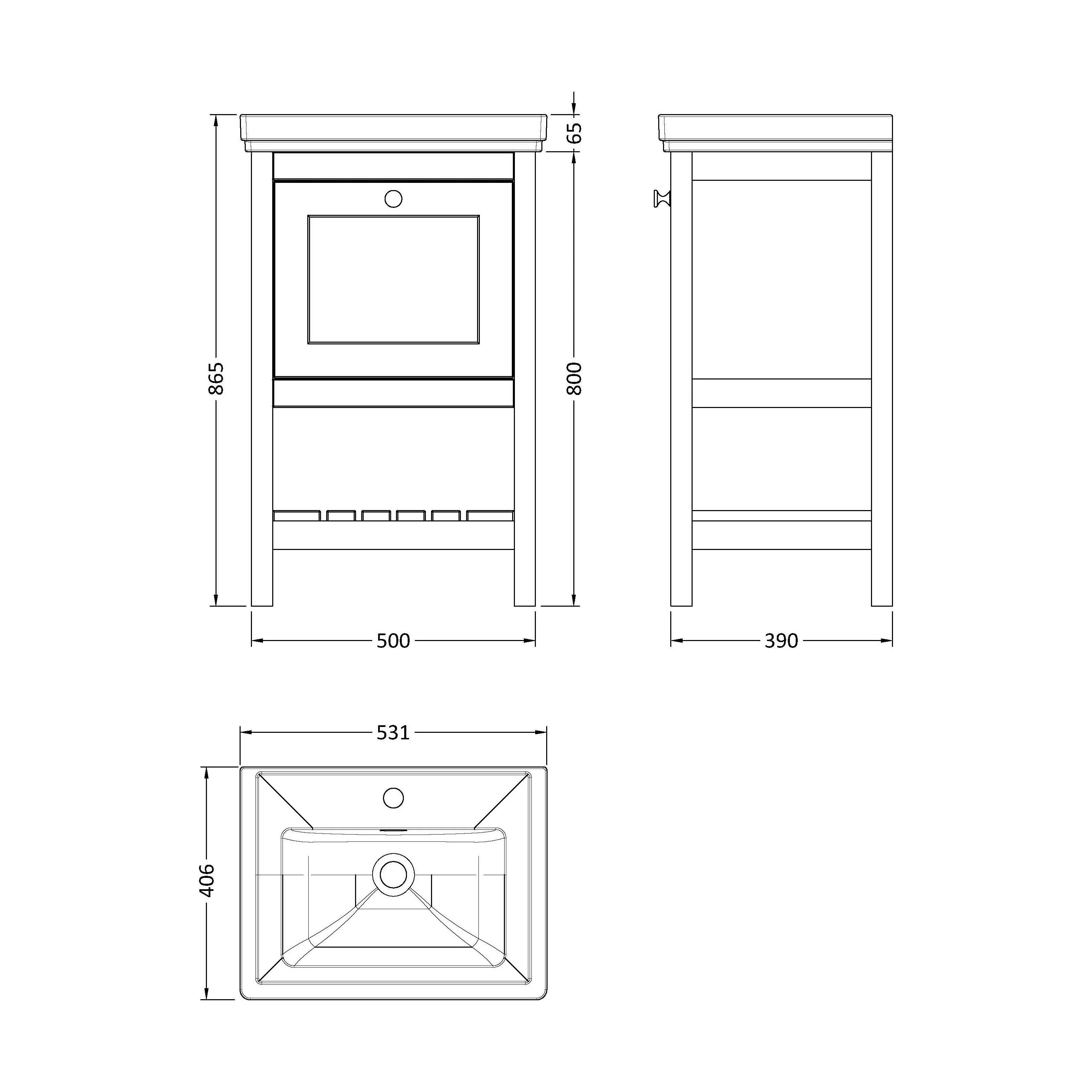 Balterley Rye Bathroom Floor Standing 1 Drawer Vanity & 1 Tap Hole Basin, Pure White, 531mm - Image 5