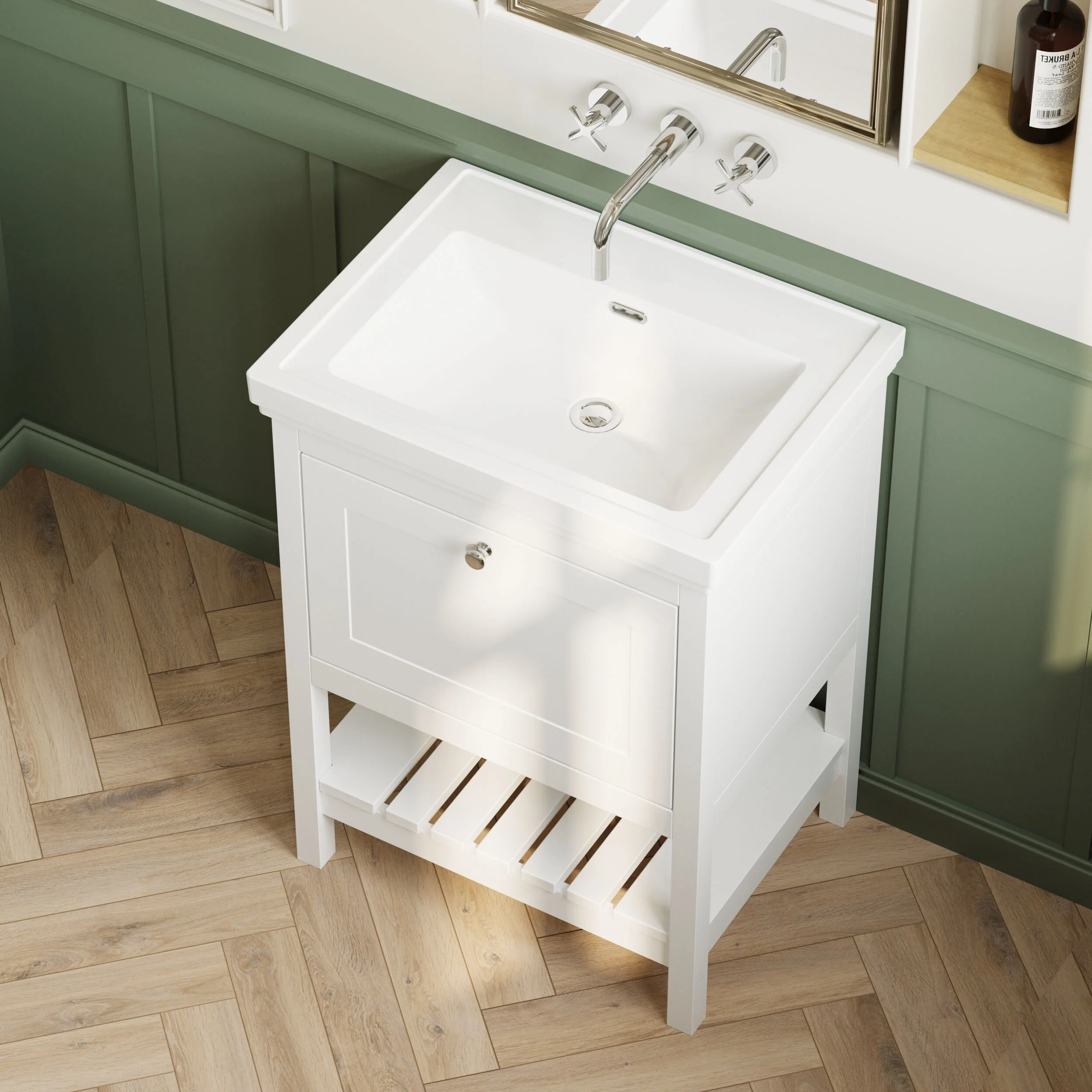 Balterley Rye Bathroom Floor Standing 1 Drawer Vanity & 0 Tap Hole Basin, Pure White, 630mm - Image 3