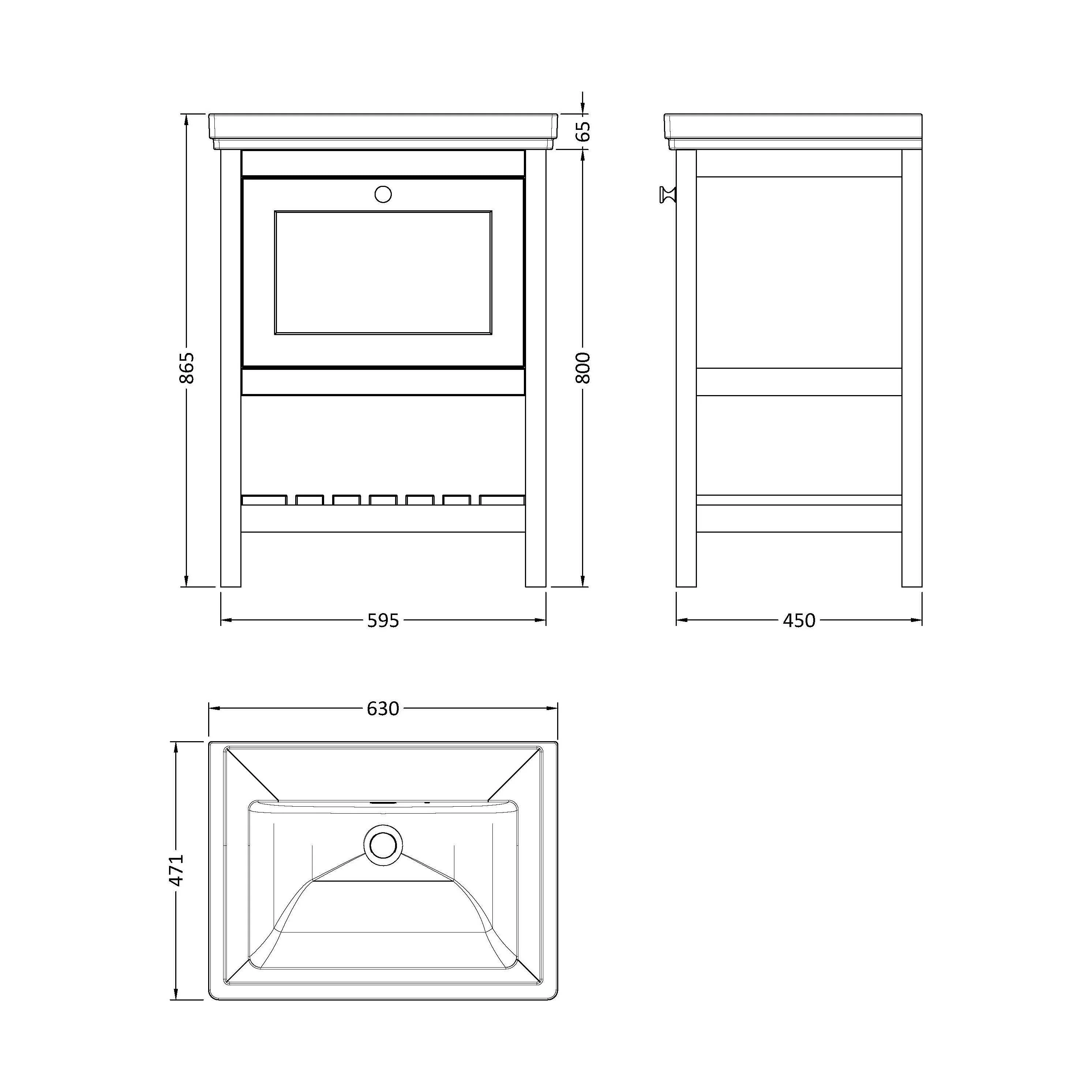 Balterley Rye Bathroom Floor Standing 1 Drawer Vanity & 0 Tap Hole Basin, Pure White, 630mm - Image 5