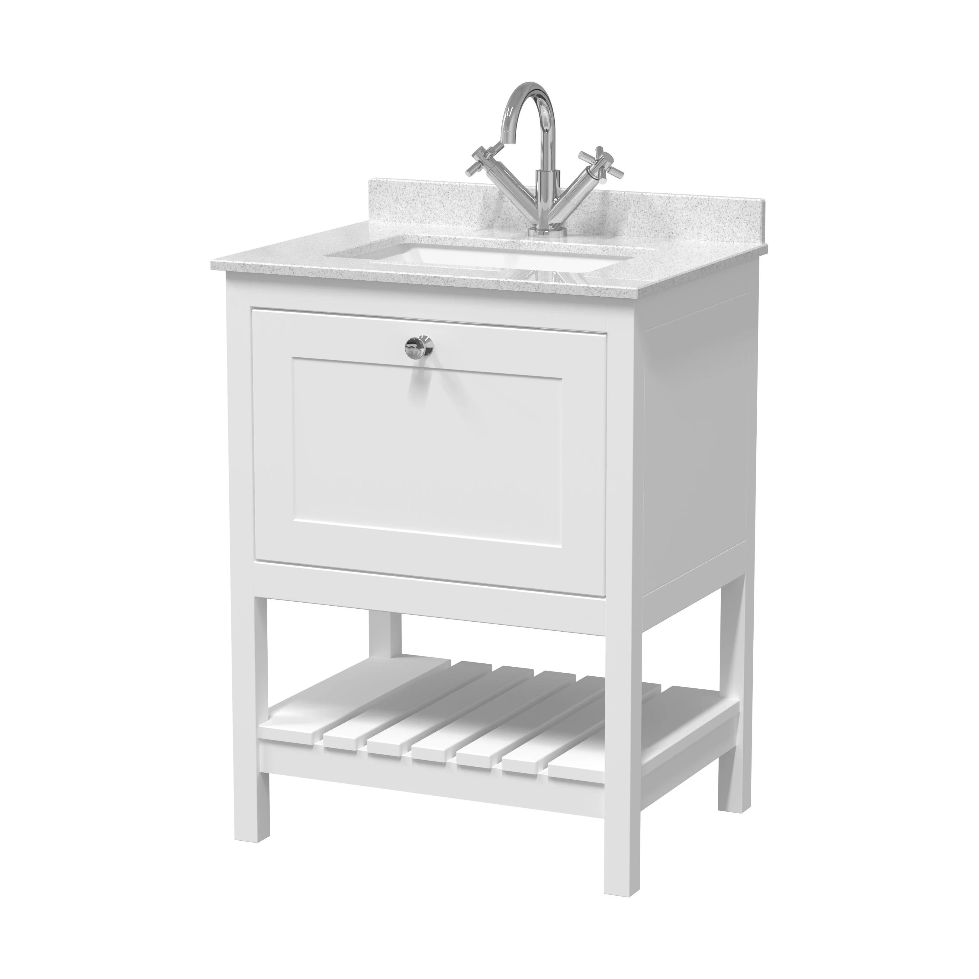 Balterley Rye Bathroom Floor Standing 1 Drawer Vanity & Single Bowl 1 Tap Hole Marble Top, Pure White, 620mm