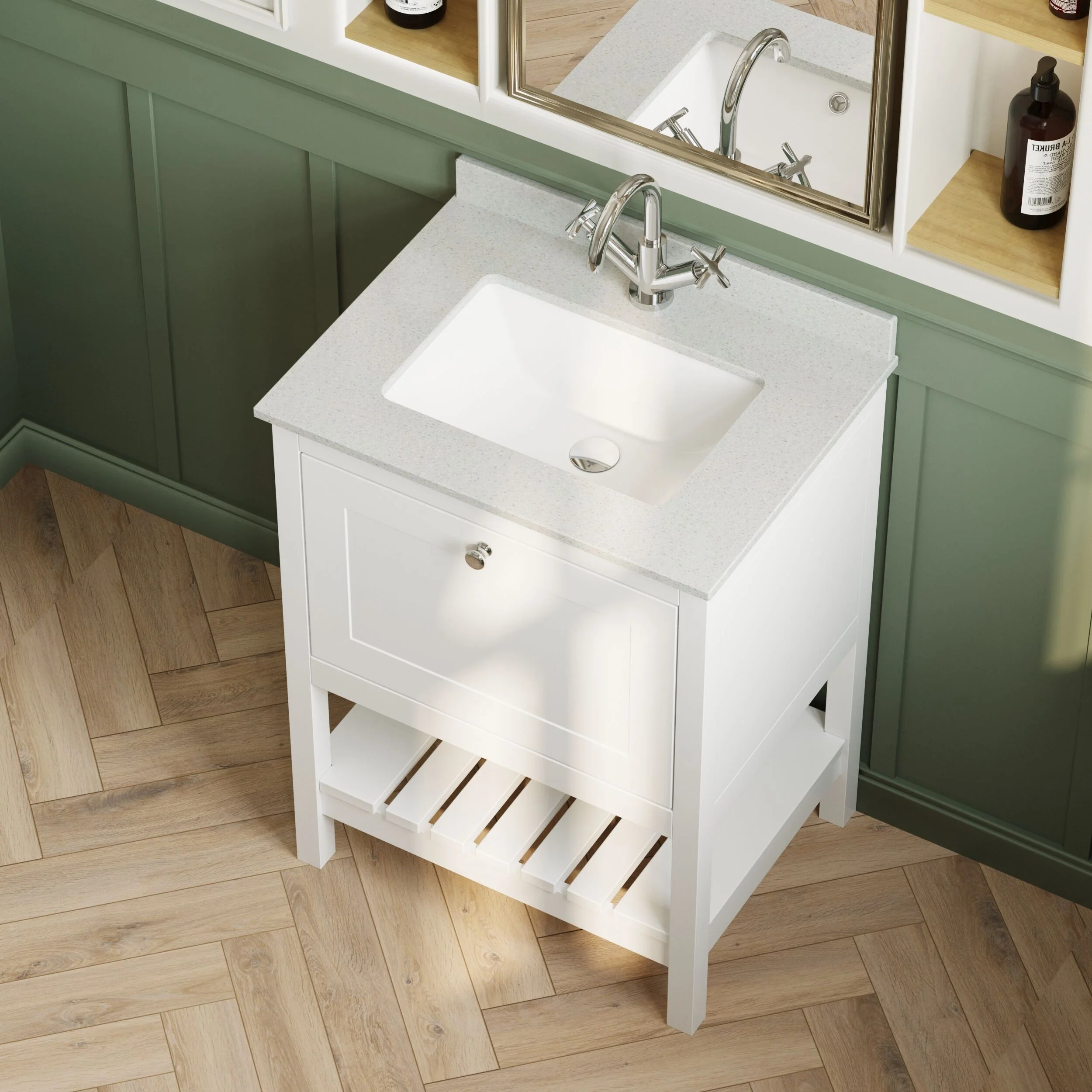 Balterley Rye Bathroom Floor Standing 1 Drawer Vanity & Single Bowl 1 Tap Hole Marble Top, Pure White, 620mm - Image 3