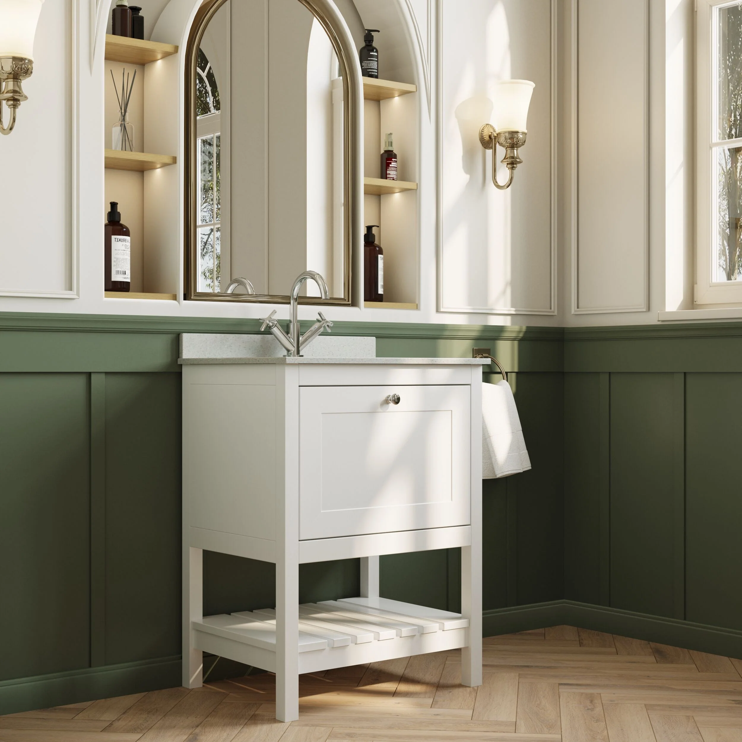 Balterley Rye Bathroom Floor Standing 1 Drawer Vanity & Single Bowl 1 Tap Hole Marble Top, Pure White, 620mm - Image 4