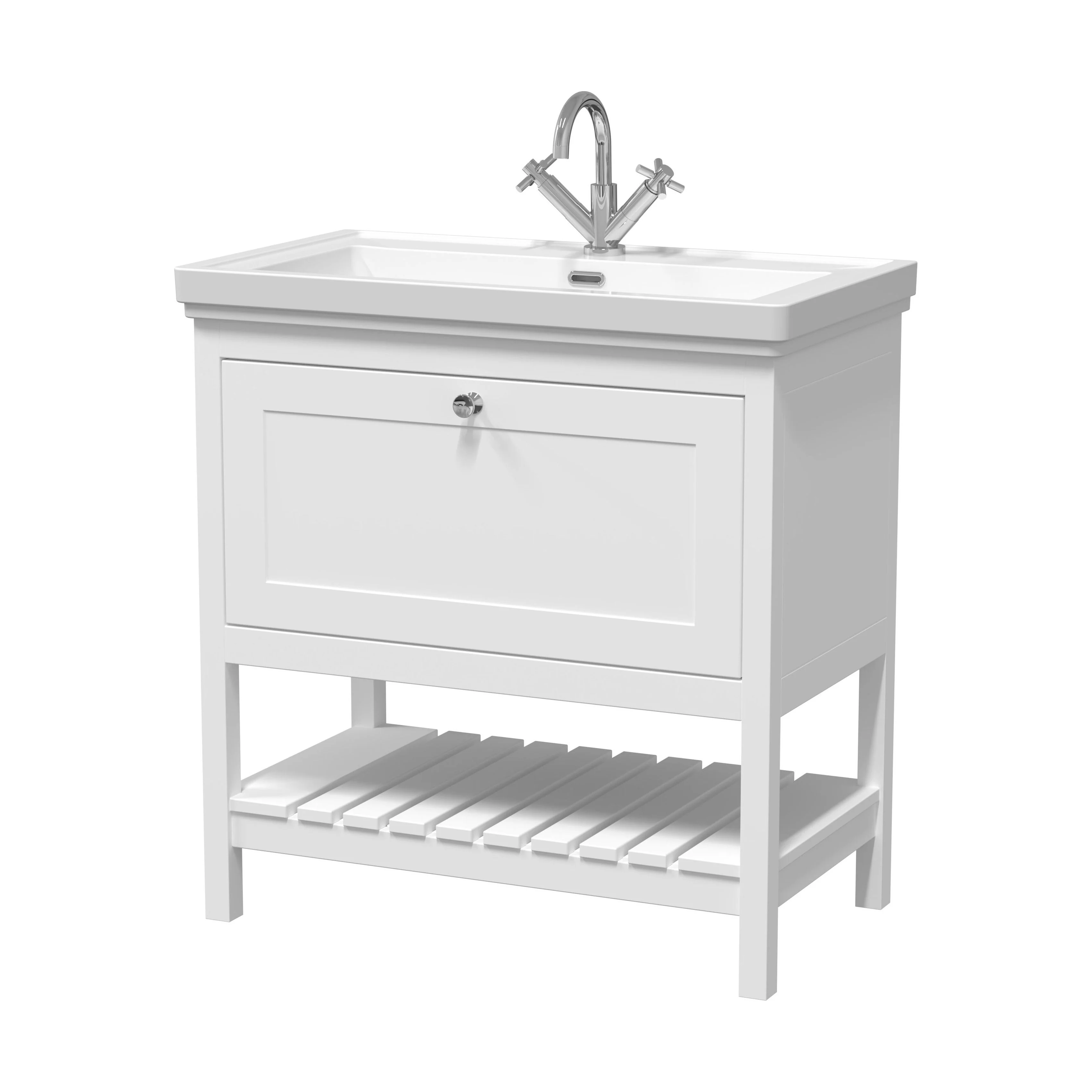 Balterley Rye Bathroom Floor Standing 1 Drawer Vanity & 1 Tap Hole Basin, Pure White, 830mm