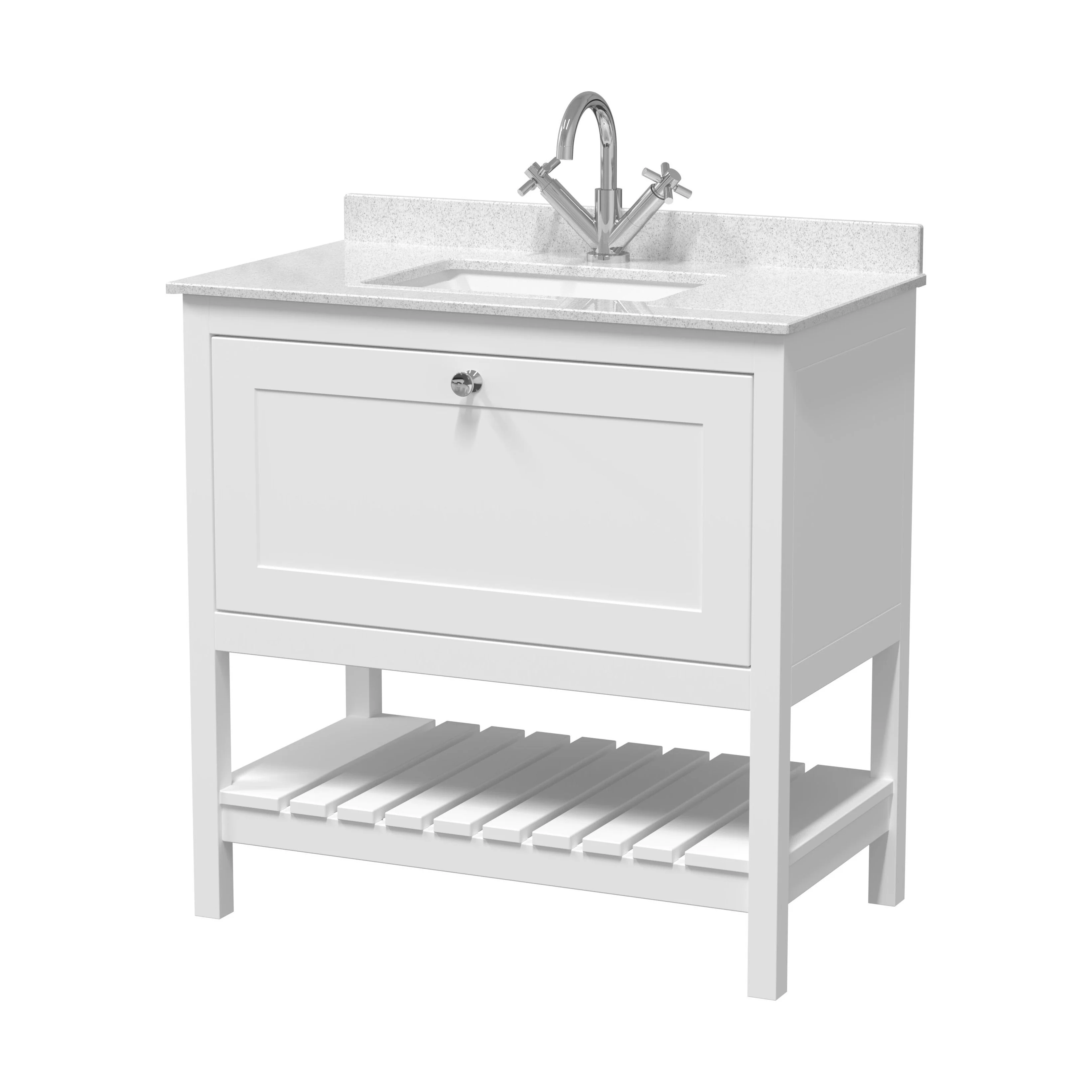 Balterley Rye Bathroom Floor Standing 1 Drawer Vanity & Single Bowl 1 Tap Hole Marble Top, Pure White/White, 820mm