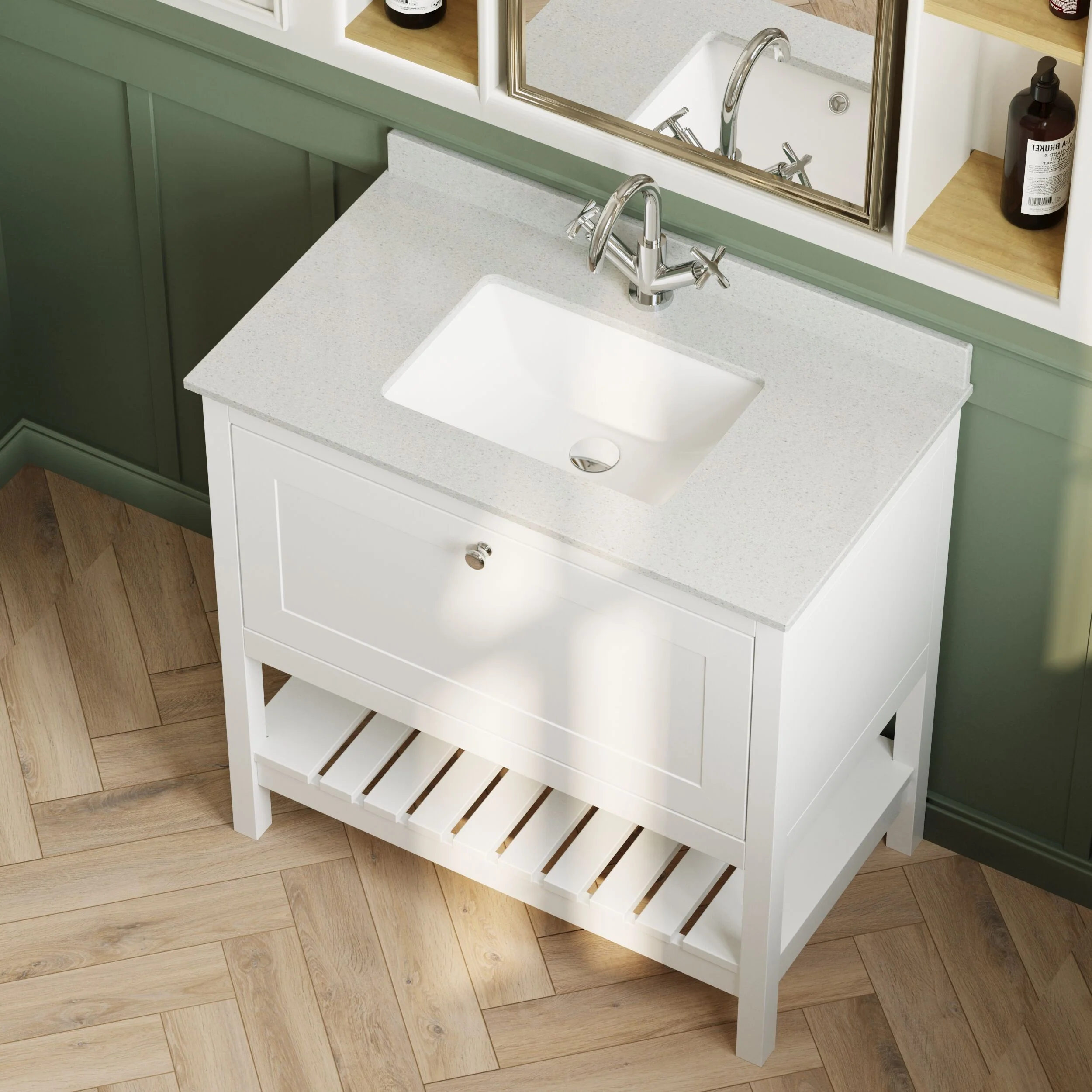 Balterley Rye Bathroom Floor Standing 1 Drawer Vanity & Single Bowl 1 Tap Hole Marble Top, Pure White/White, 820mm - Image 3