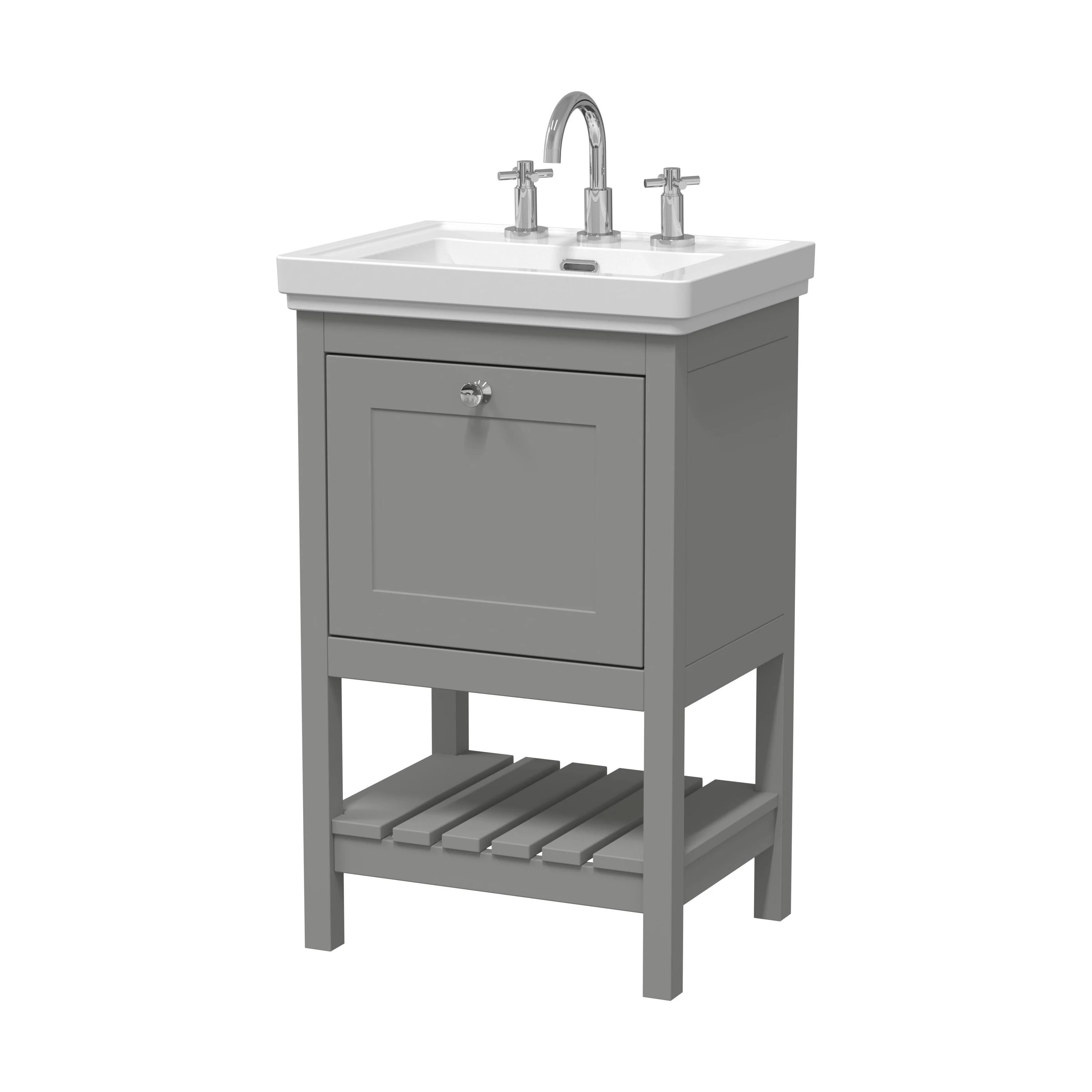 Balterley Rye Bathroom Floor Standing 1 Drawer Vanity & 3 Tap Hole Basin, Cool Grey, 531mm
