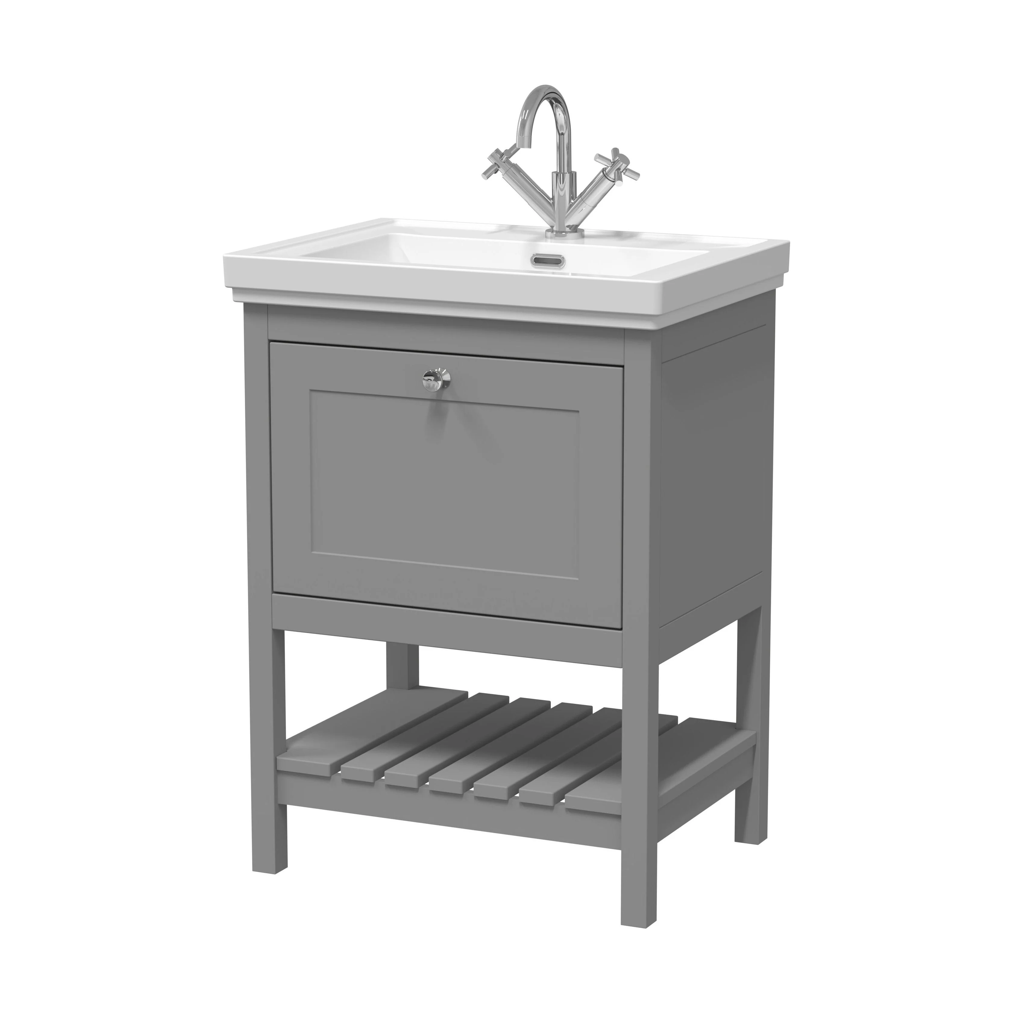 Balterley Rye Bathroom Floor Standing 1 Drawer Vanity & 1 Tap Hole Basin, Cool Grey, 630mm