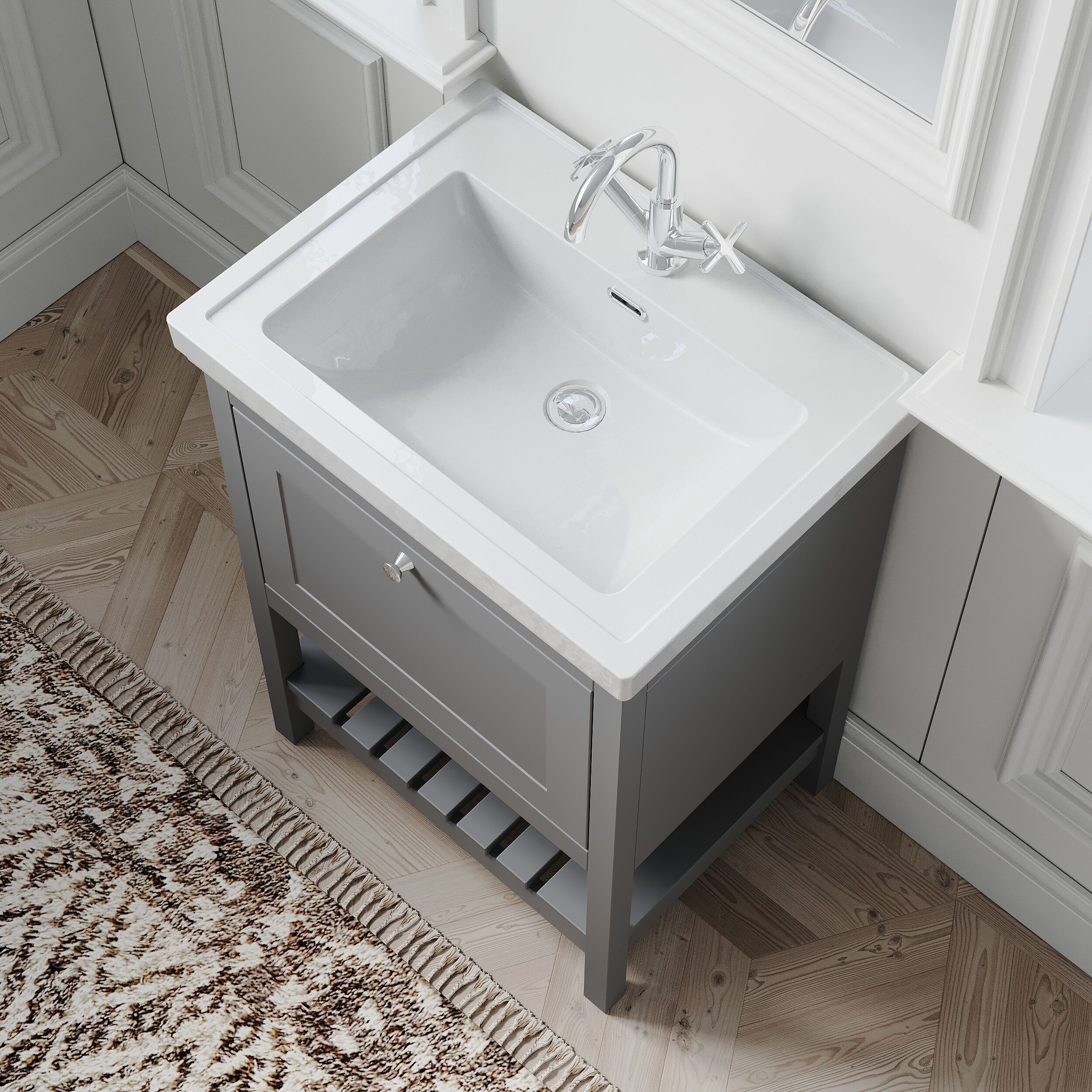Balterley Rye Bathroom Floor Standing 1 Drawer Vanity & 1 Tap Hole Basin, Cool Grey, 630mm - Image 3
