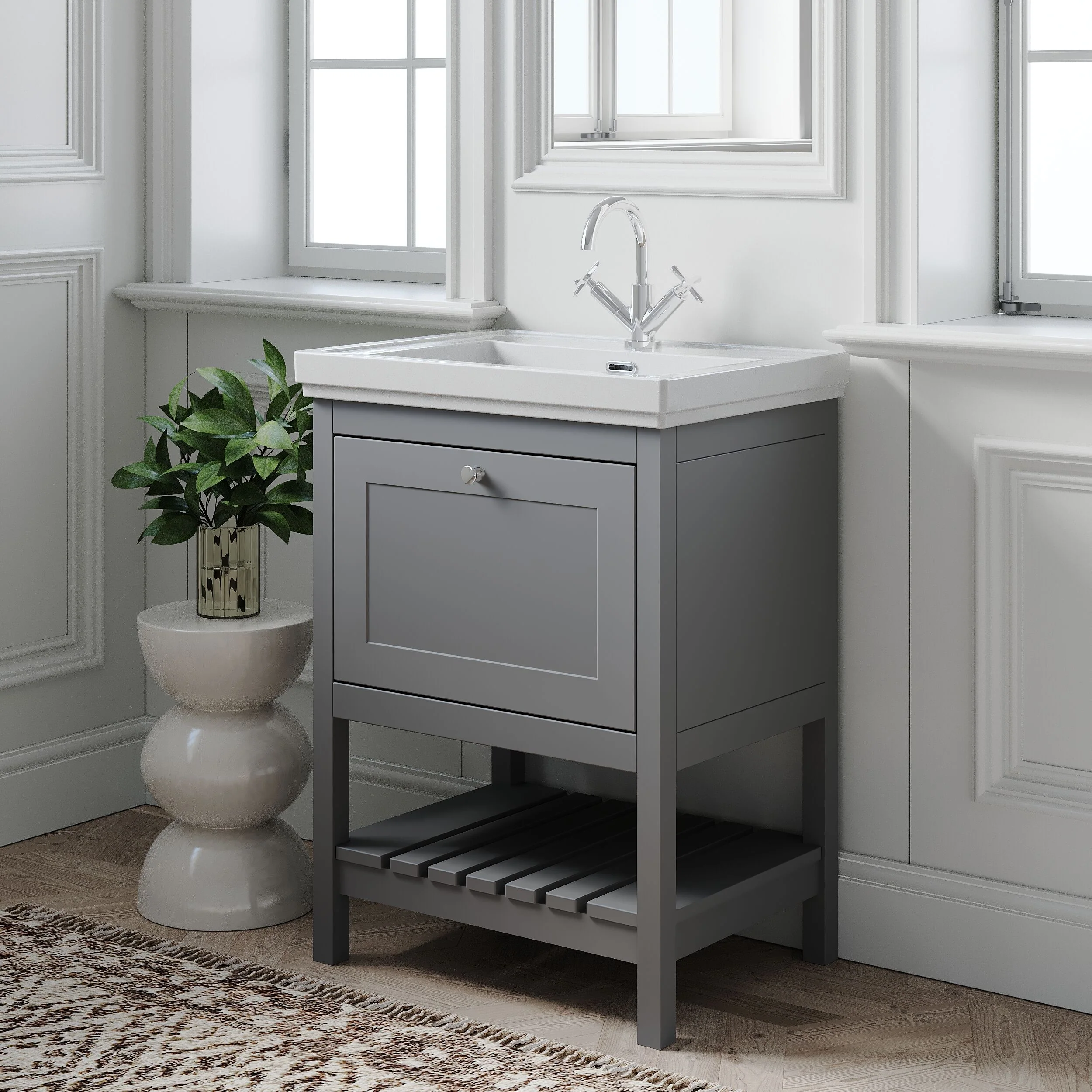 Balterley Rye Bathroom Floor Standing 1 Drawer Vanity & 1 Tap Hole Basin, Cool Grey, 630mm - Image 4