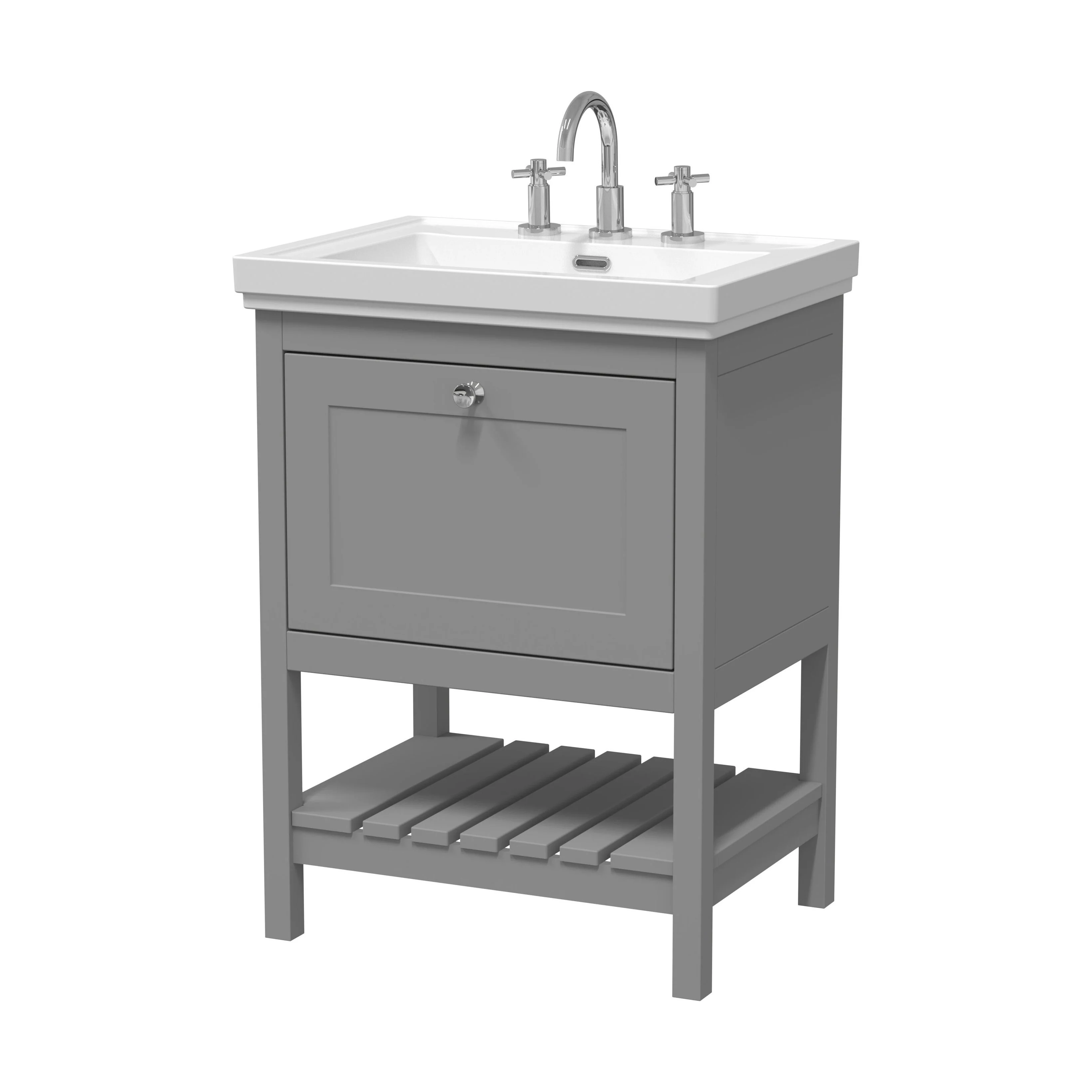 Balterley Rye Bathroom Floor Standing 1 Drawer Vanity & 3 Tap Hole Basin, Cool Grey, 630mm
