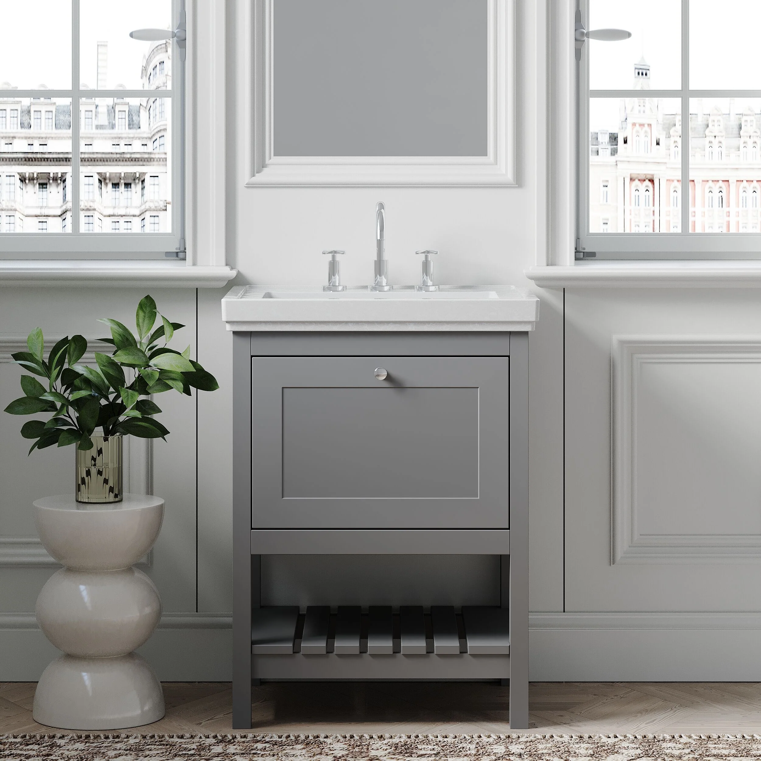 Balterley Rye Bathroom Floor Standing 1 Drawer Vanity & 3 Tap Hole Basin, Cool Grey, 630mm - Image 2
