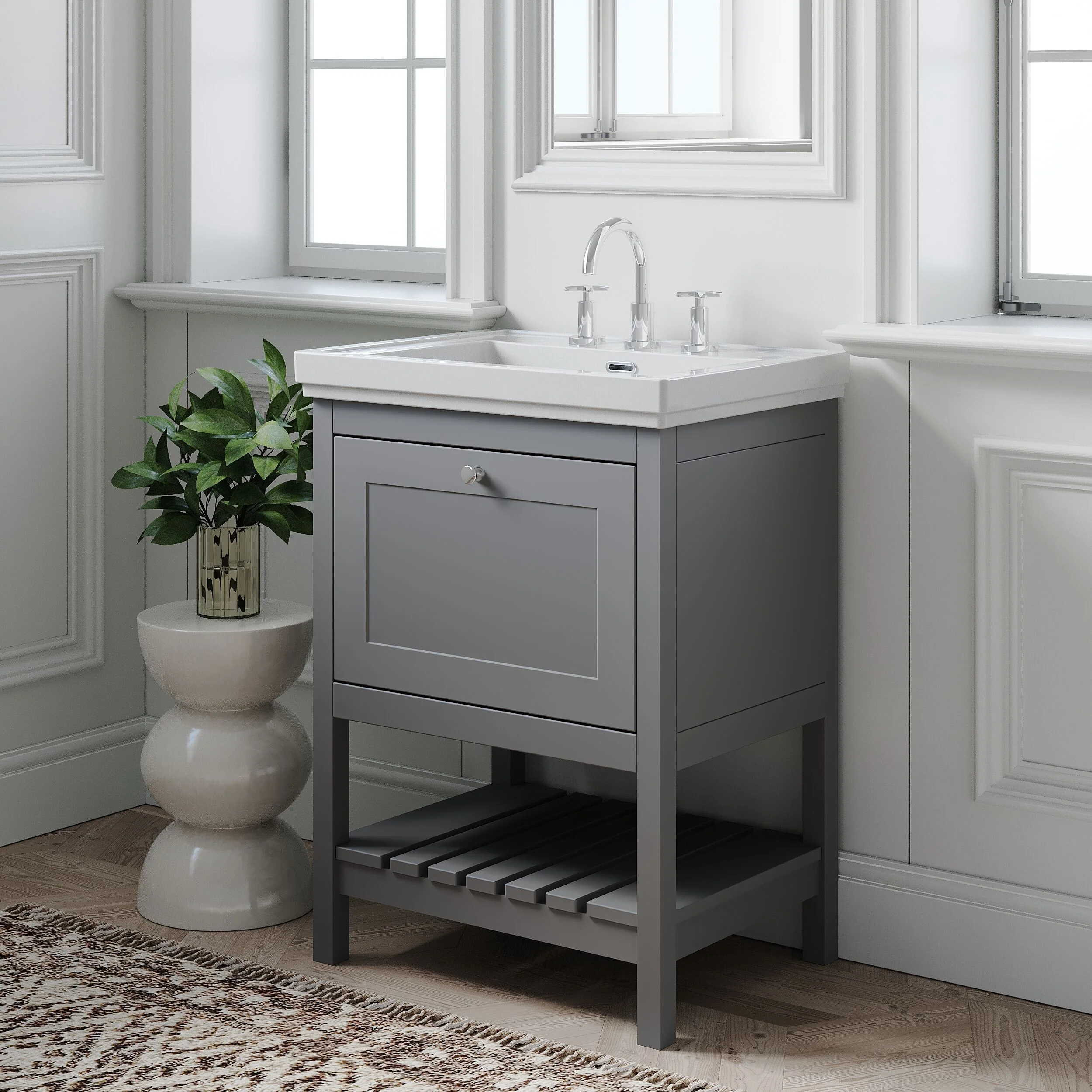 Balterley Rye Bathroom Floor Standing 1 Drawer Vanity & 3 Tap Hole Basin, Cool Grey, 630mm - Image 4