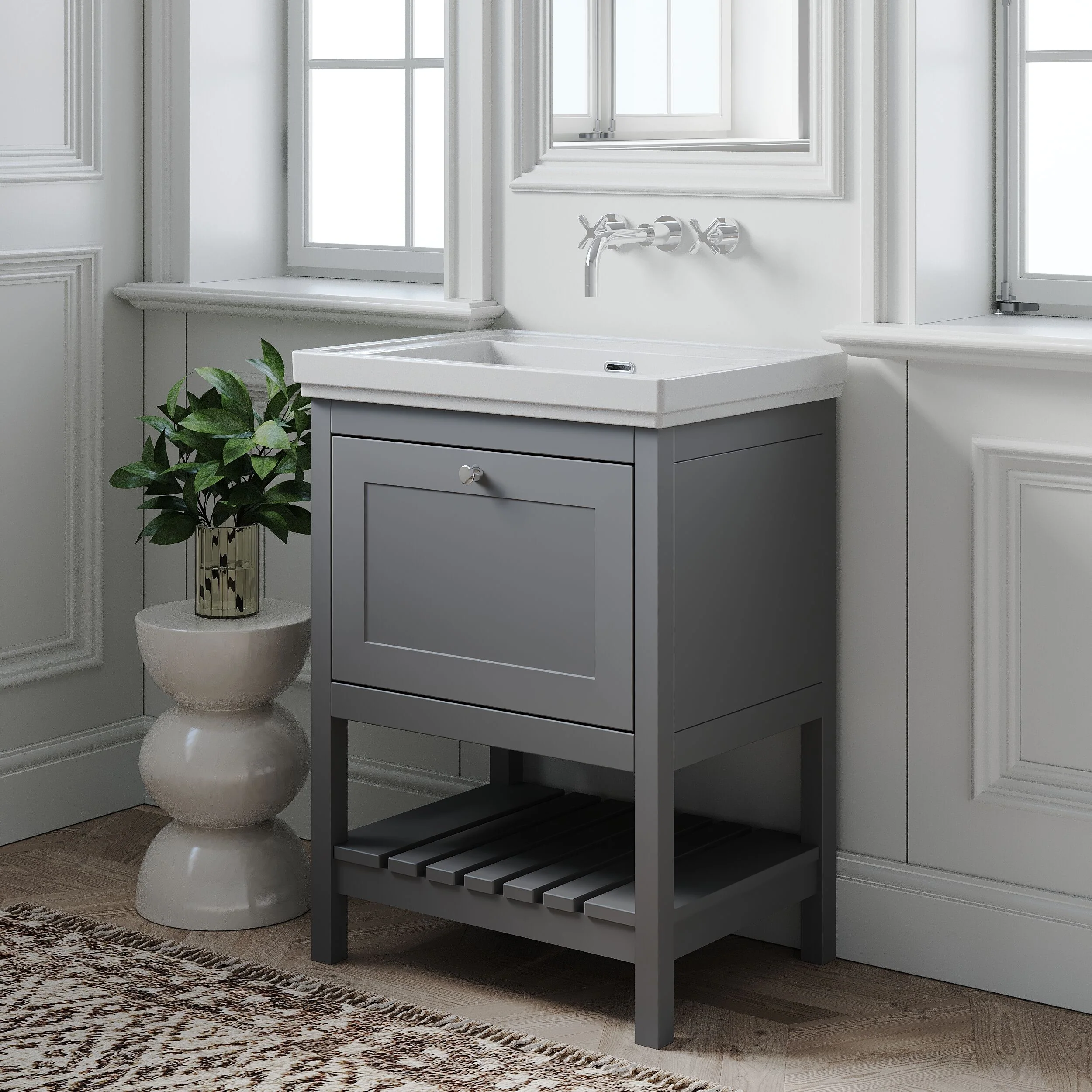 Balterley Rye Bathroom Floor Standing 1 Drawer Vanity & 0 Tap Hole Basin, Cool Grey, 630mm - Image 4