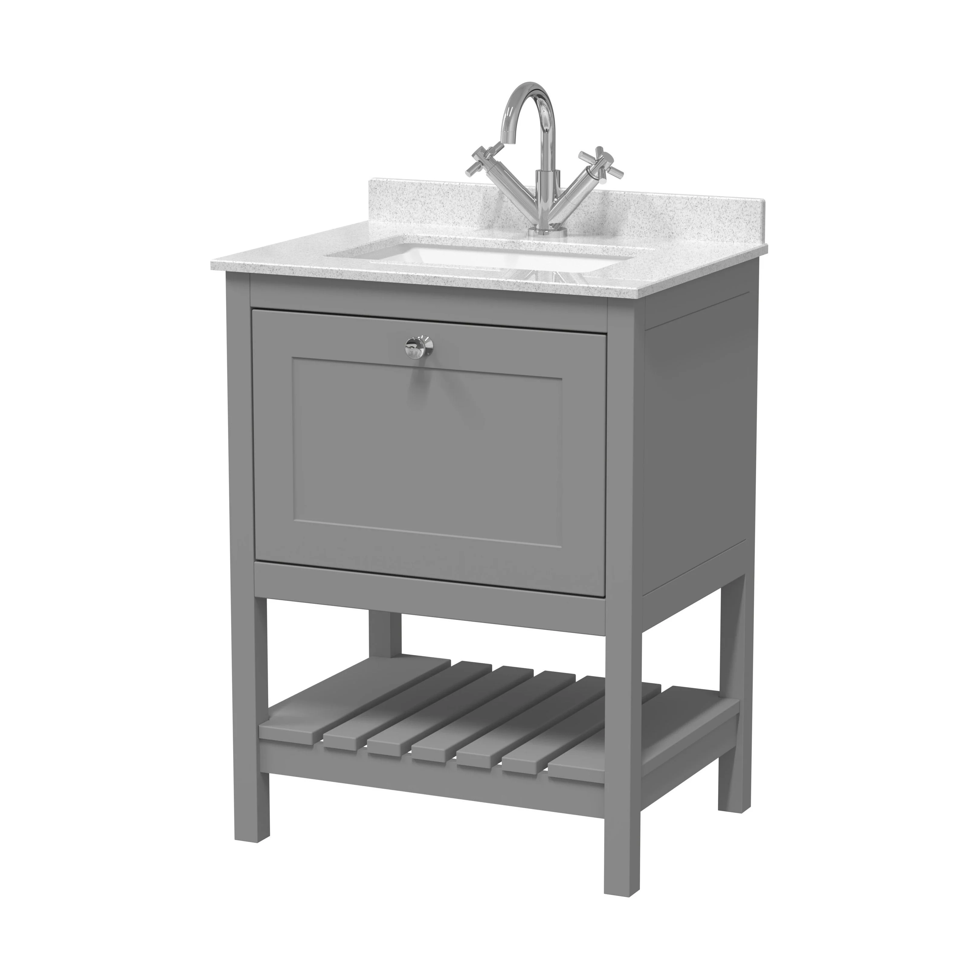 Balterley Rye Bathroom Floor Standing 1 Drawer Vanity & Single Bowl 1 Tap Hole Marble Top, Cool Grey/White, 620mm