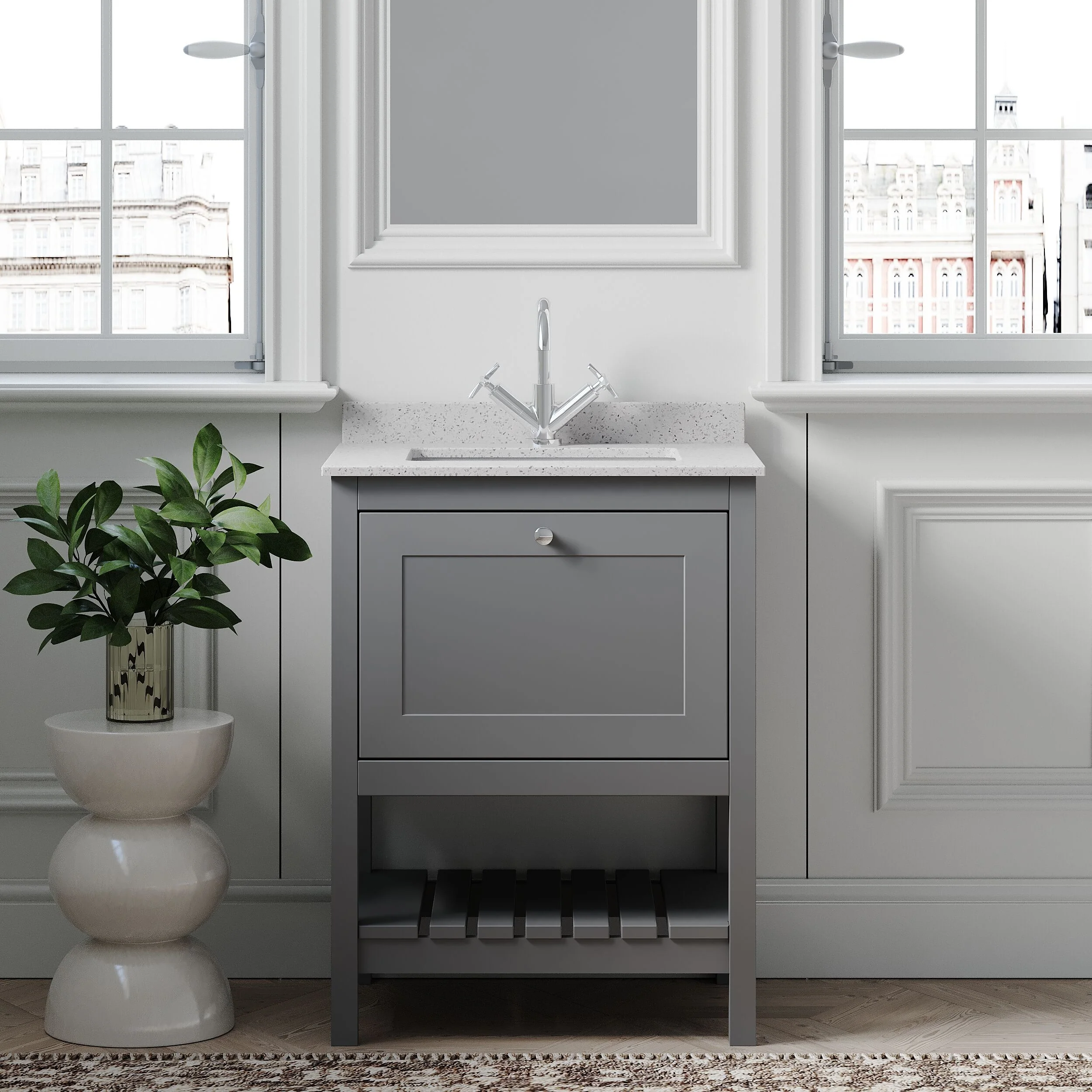 Balterley Rye Bathroom Floor Standing 1 Drawer Vanity & Single Bowl 1 Tap Hole Marble Top, Cool Grey/White, 620mm - Image 2