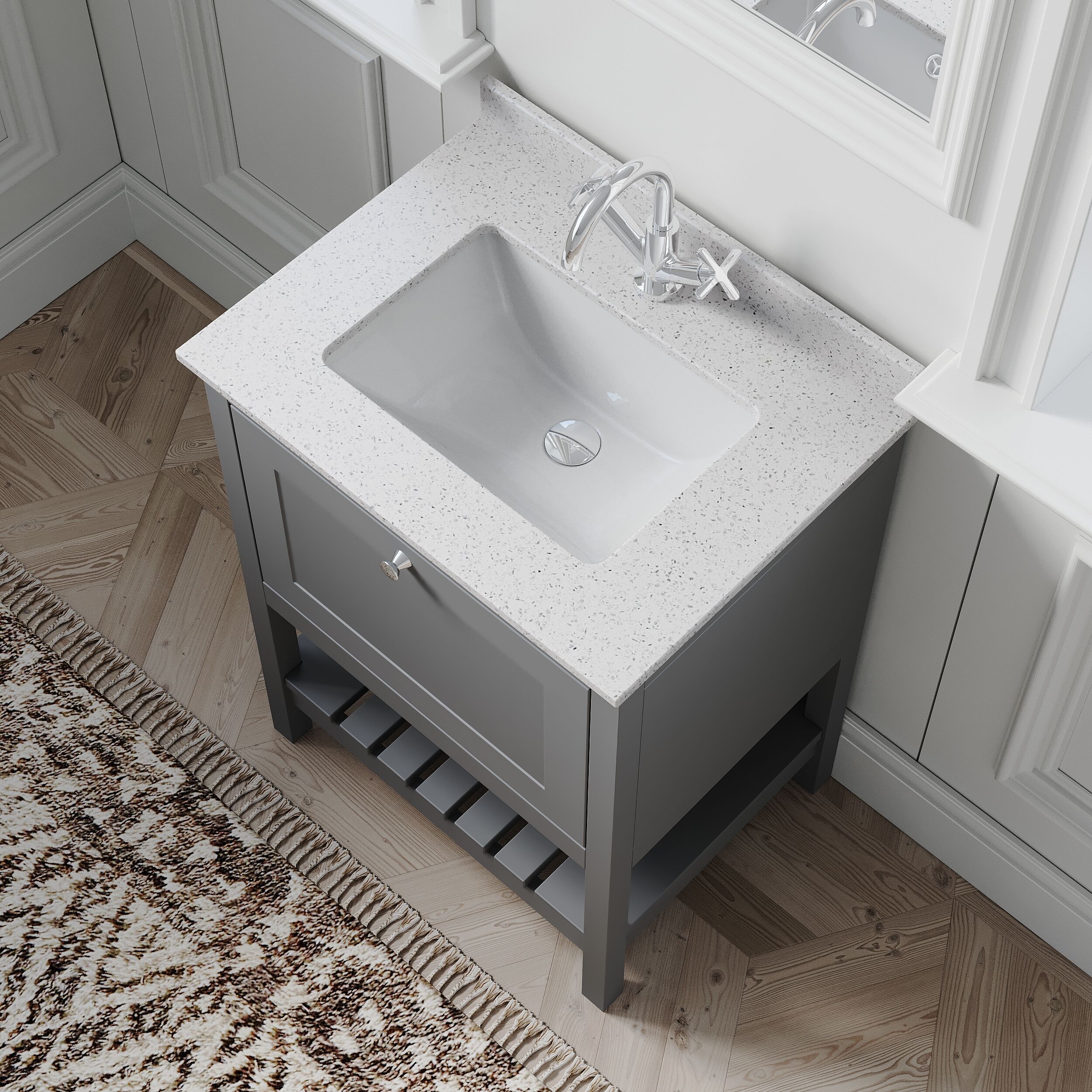 Balterley Rye Bathroom Floor Standing 1 Drawer Vanity & Single Bowl 1 Tap Hole Marble Top, Cool Grey/White, 620mm - Image 3